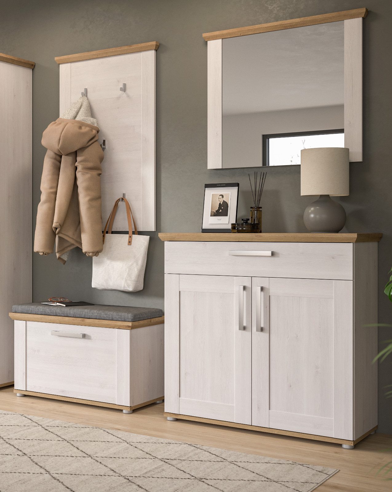 Inn.Furn Garderoben-Set Mirano, (in weiß Lerche mit Eiche Artisan, 4-St., 190 x 196 cm), Landhaus-Stil