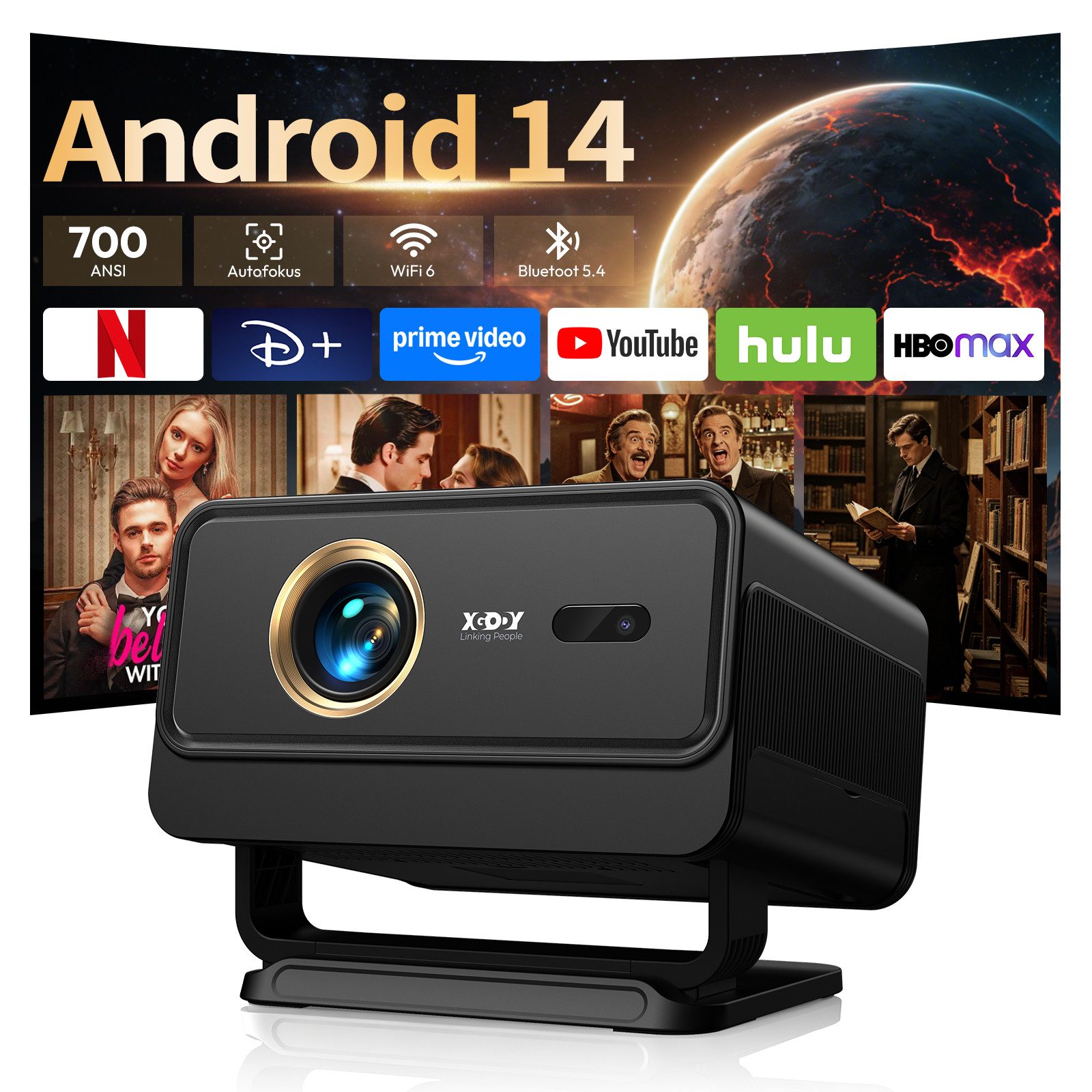 XGODY Smart Beamer Android 14 mit Apps, 1080P Projektor 4K Unterstützt Mini-Beamer (700 lm, 1500:1, 3840 x 2160 px, 700 ANSI Lumen, Beamer 4K Heimkino mit Autofokus, WiFi6, BT5.4)