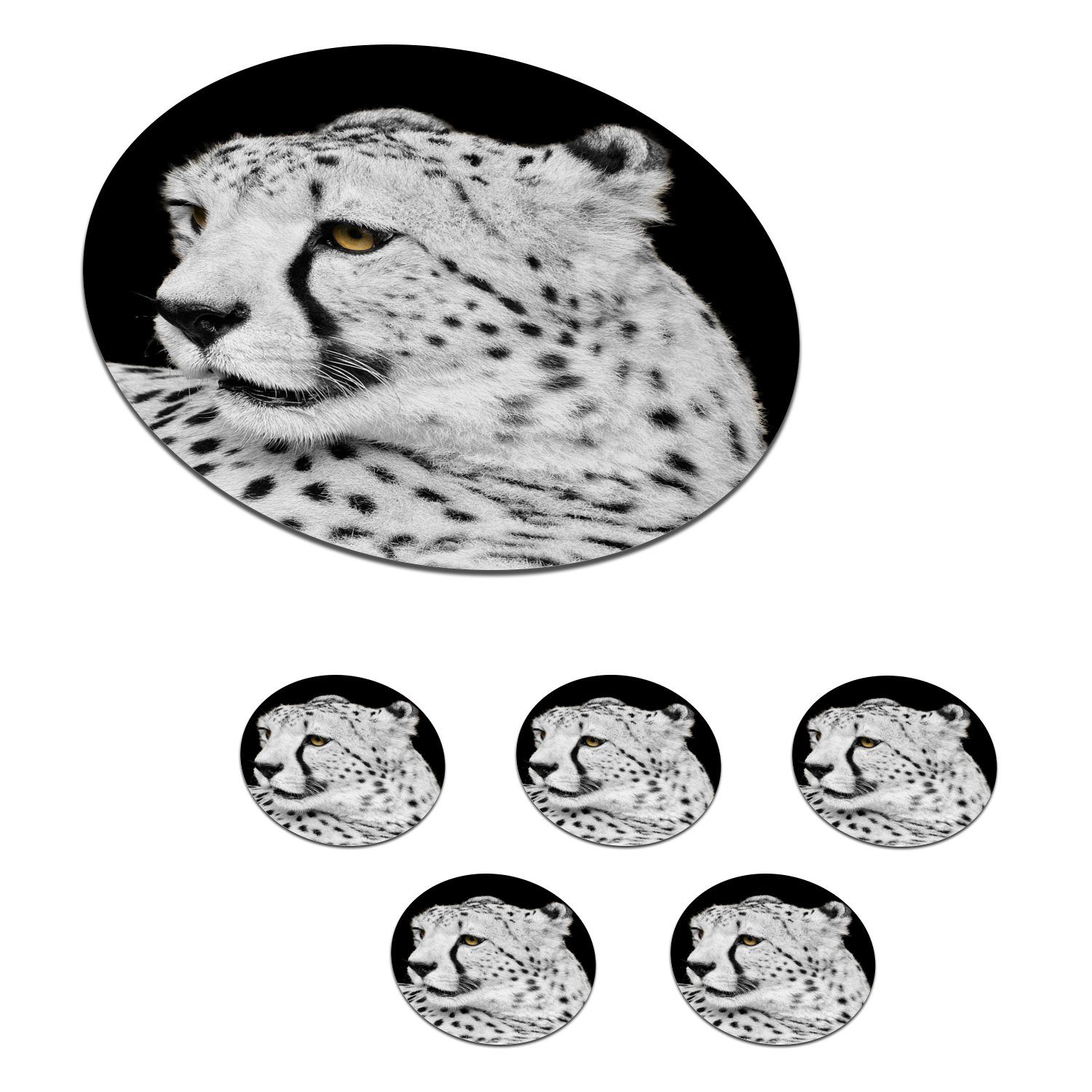 MuchoWow Glasuntersetzer Leopard - Weiß - Schwarz, Zubehör für Gläser, 6-tlg., Getränkeuntersetzer, Tassenuntersetzer, Korkuntersetzer, Tasse, Becher