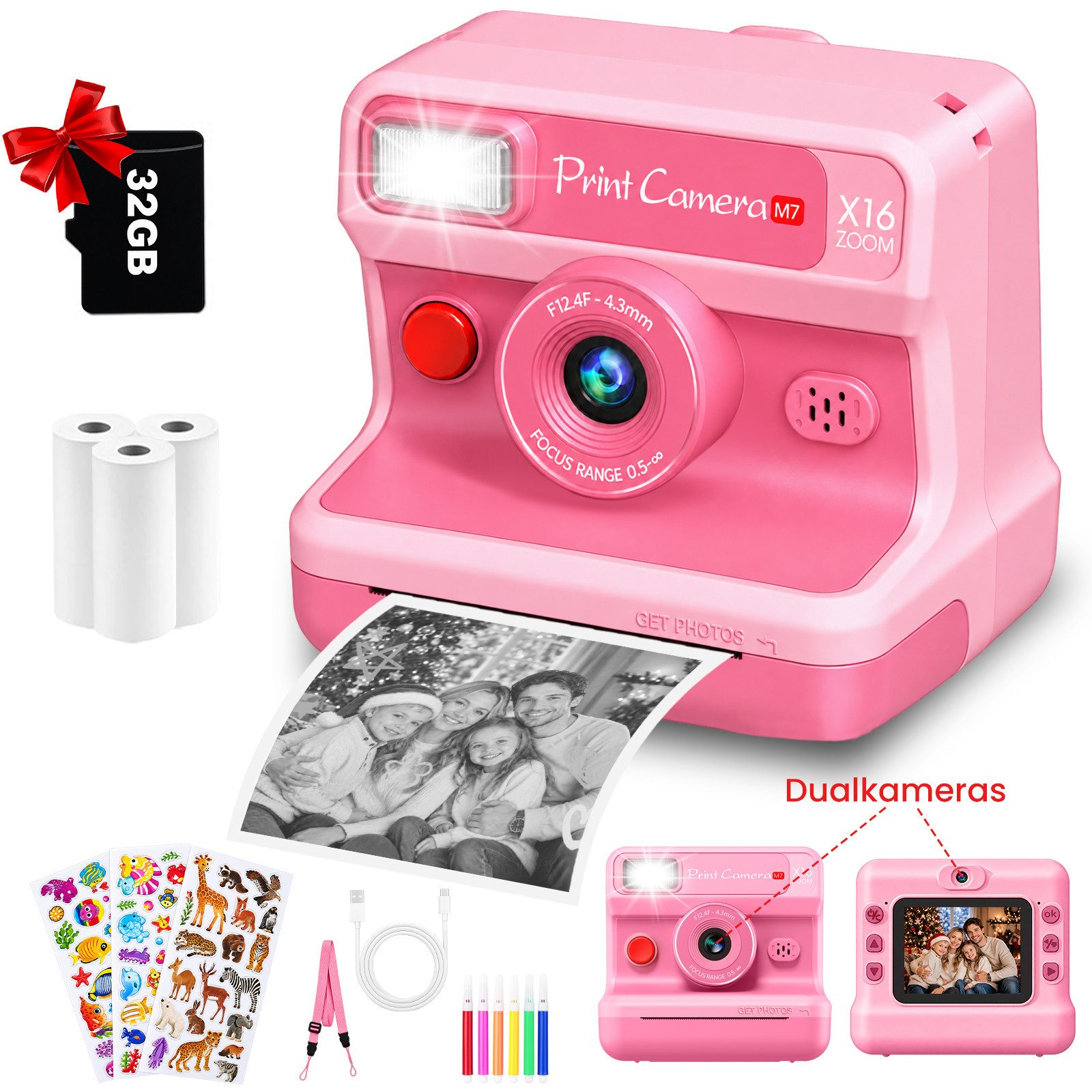 Whraills Kinderkamera Sofortbildkamera,Dualkameras,1080P mit 2,4" Bildschirm Sofortbildkamera (inkl. 32GB TF Karte,3 Rollen Druckpapier,3 Aufklebern,6 Filzstifte, 30MP Sofortbildkamera Kinderspielzeug Geschenk für Kinder 3-14 Jahren)