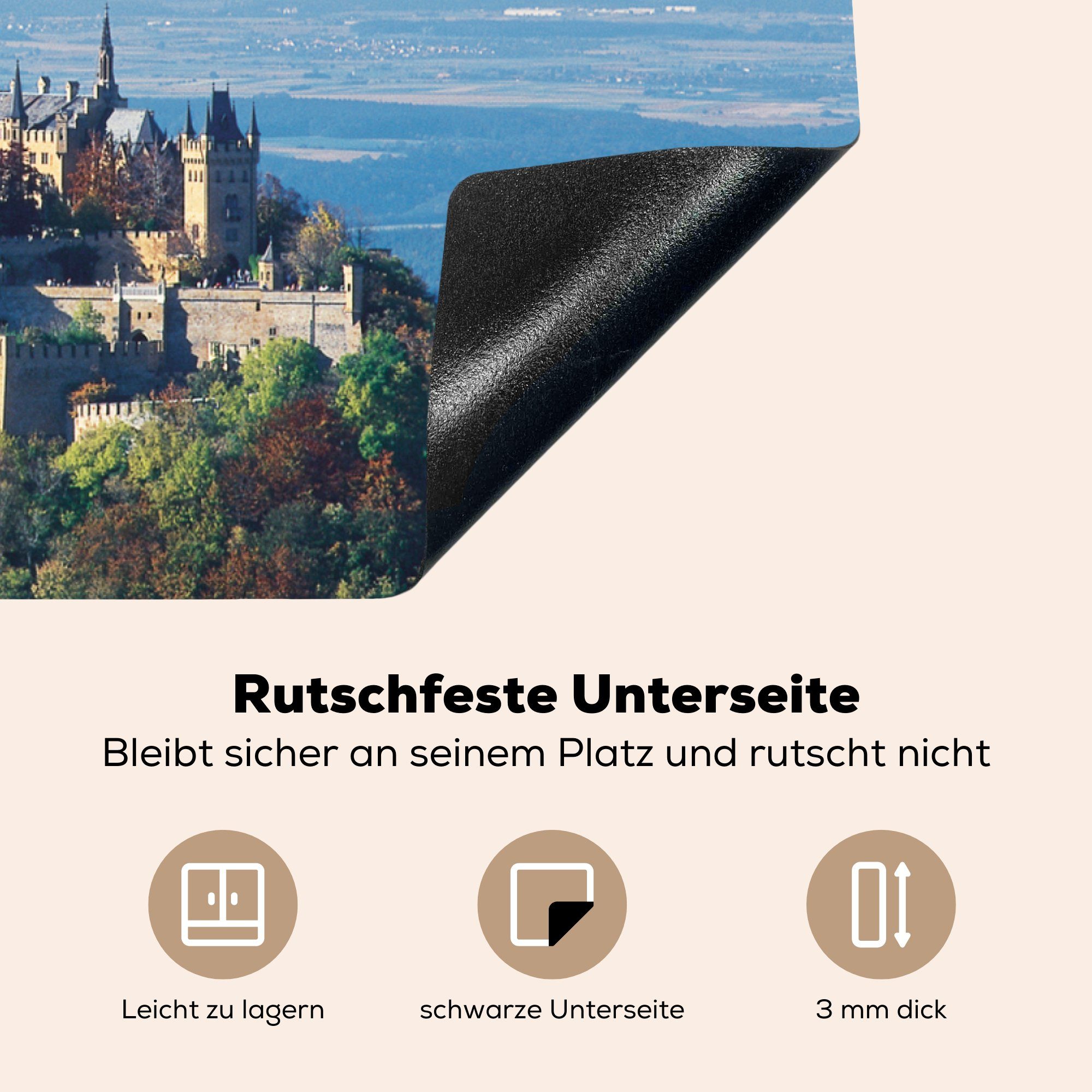 küche, auf tlg), Himmel Ceranfeldabdeckung Induktionskochfeld Schutz blauer MuchoWow (1 cm, strahlend der 81x52 Burg die für Ein Herdblende-/Abdeckplatte Vinyl, Hohenzollern,