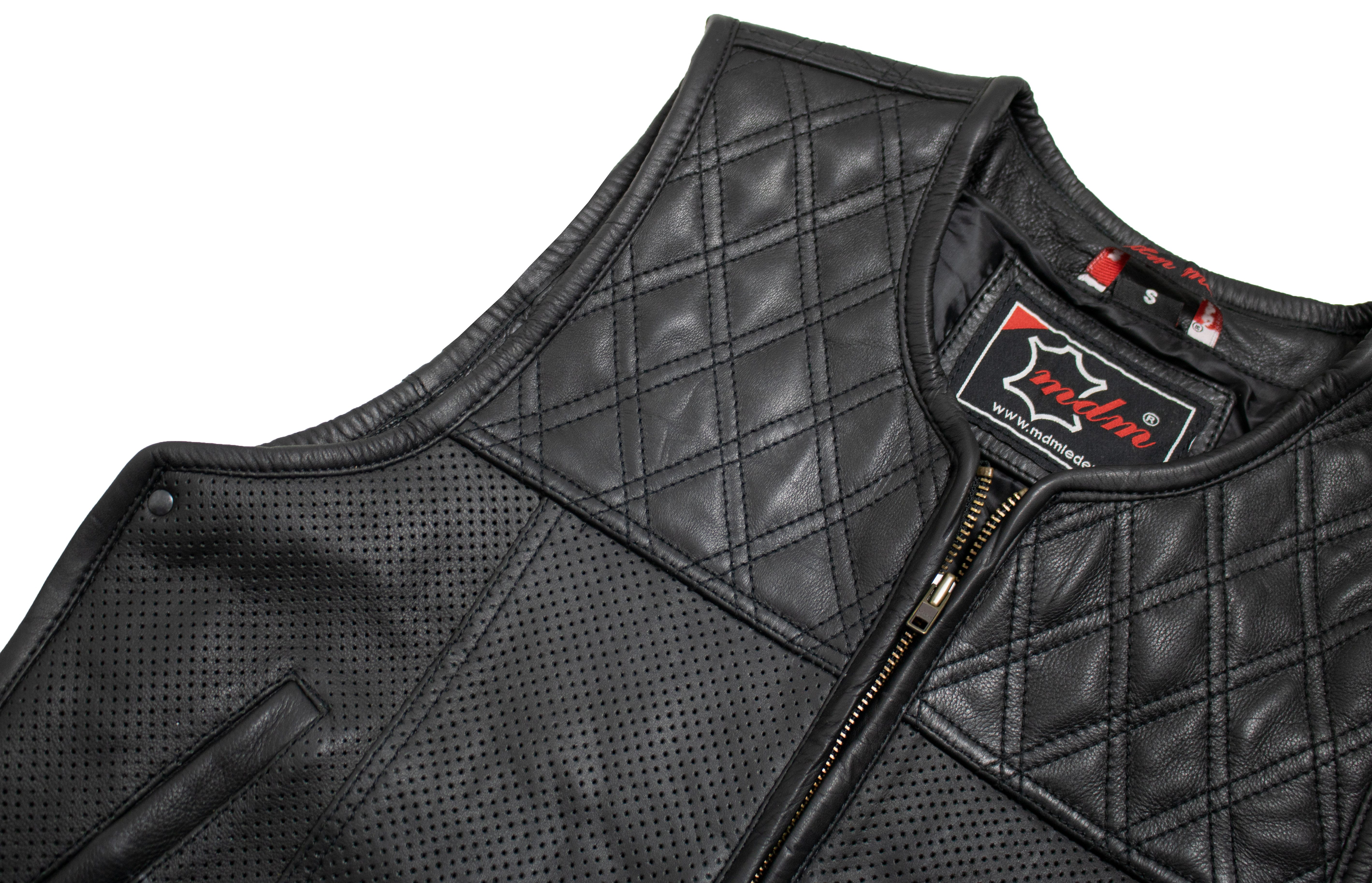 MDM Lederweste Herren Biker Hunter Lederweste Stepp Motorradweste Clubstyle Weste Perforiertes Leder