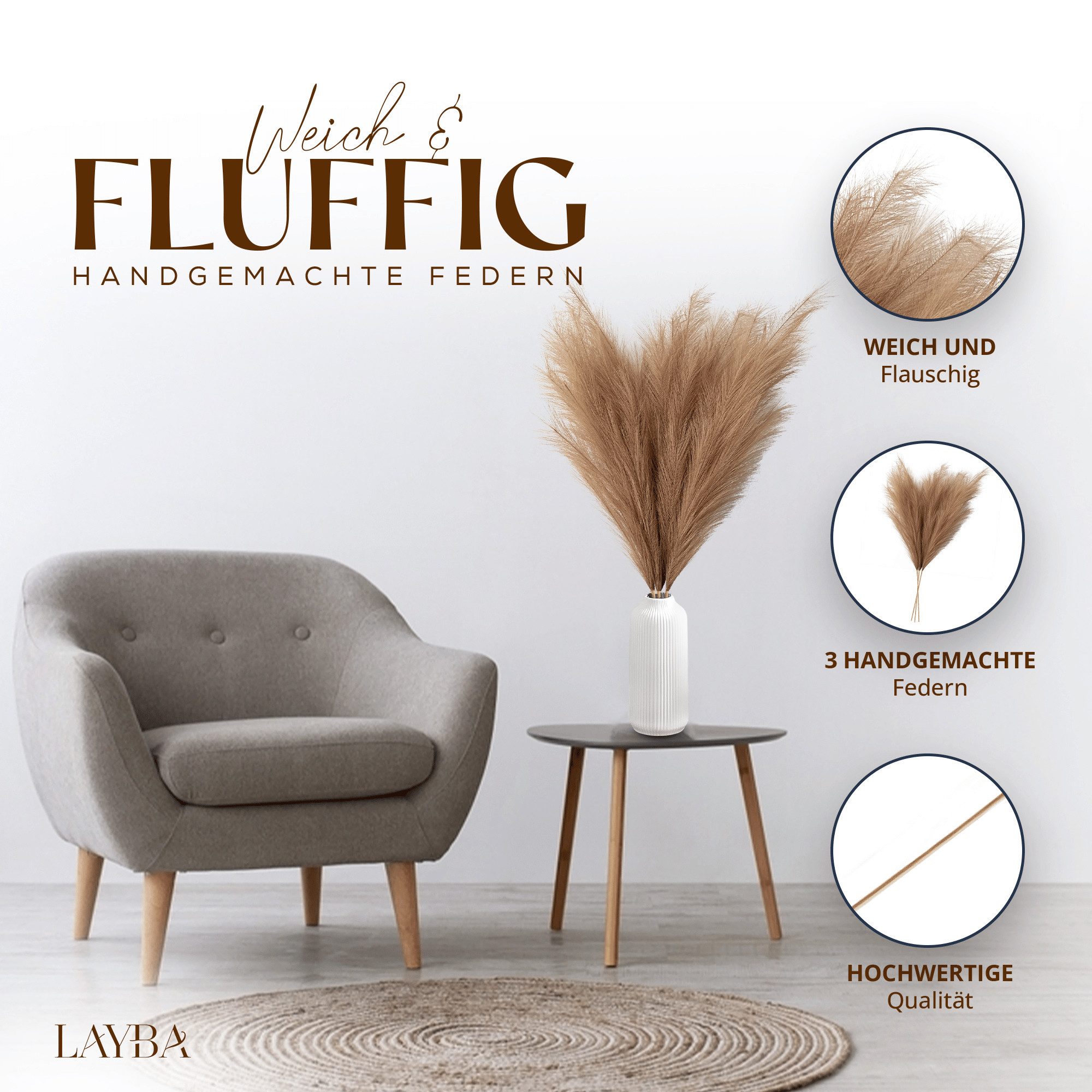 Kunstpflanze Pampasgras XXL Kunstblume Großes Pampasgras für Dekoration Braun Pampas gras, Layba, Höhe 100 cm, 3 Stiele Pampas Braun