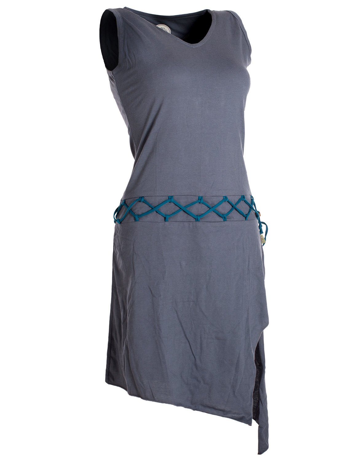 Ärmelloses Hippie, Vishes Style Beinausschnitt Sommerkleid grau Goa Gürtel-Schnürung Kleid asymmetrisch Boho, Elfen