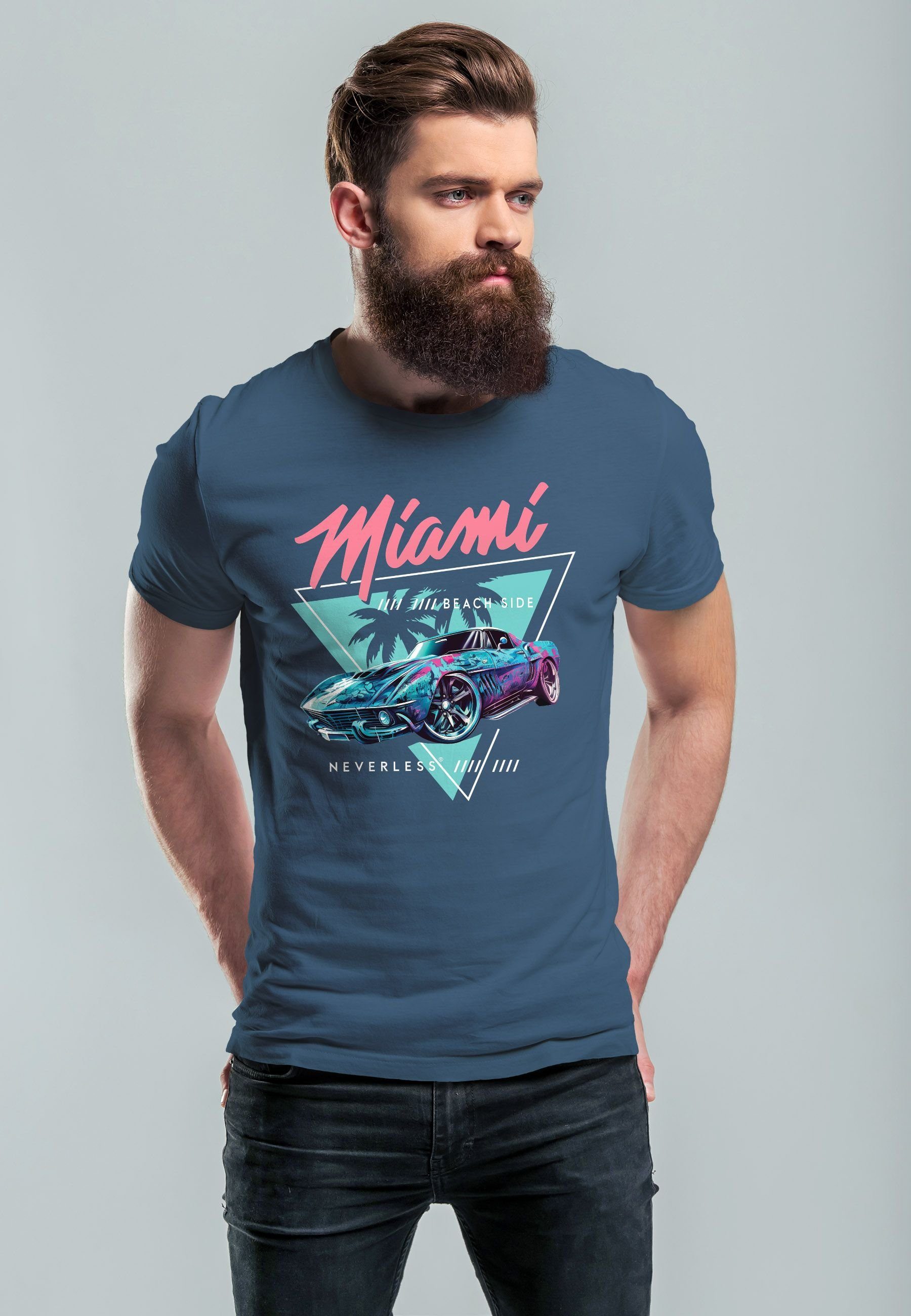 Neverless Print-Shirt Bedruckt Miami blue T-Shirt Motiv Print Surfing Herren USA denim mit Automobil Beach Retro