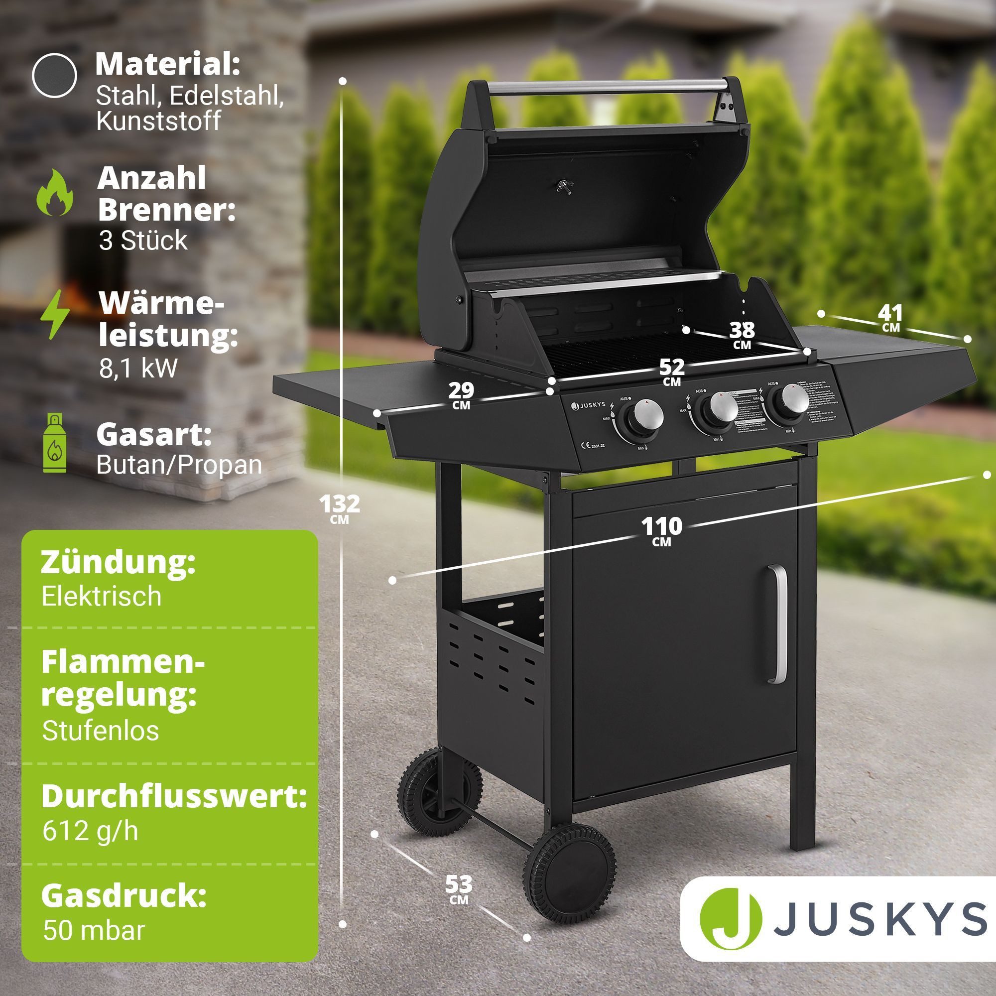 Juskys Gasgrill Louisiana, 3 Brenner, 8,1 kW, emaillierter Rost, Thermometer, Seitenablagen
