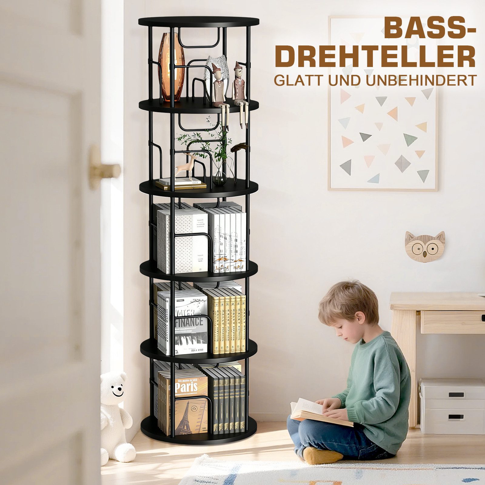 XERSEK Bücherregal 5 Ebenen 360° Drehbares Bookshelf Bodenstehendes Bücherschrank, 1.6m Aufbewahrungsregal Eckregal Spielzeugregal, für Kinderzimmer Wohnzimmer Schlafzimmer Büro Aufbewahrung
