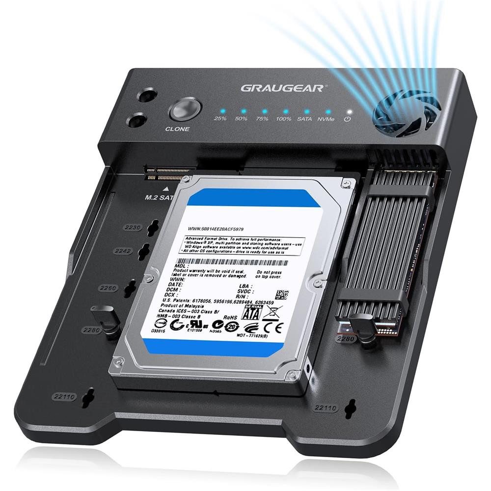GRAUGEAR Festplatten-Dockingstation G-M2ST235-CL, Bidirektionale Klonstation für M.2 SATA, M2 NVMe, 2,5"/3,5" HDDs/SSDs