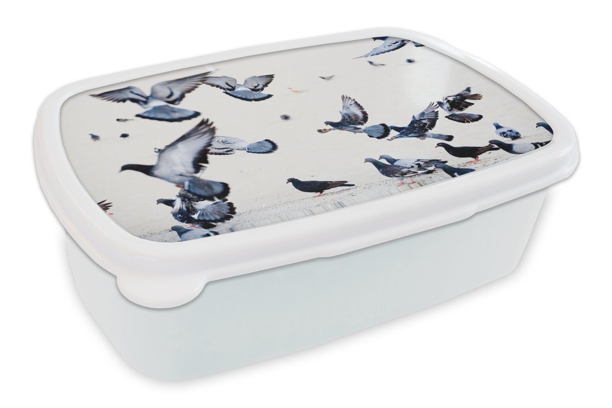 MuchoWow Lunchbox Eine Gruppe von flatternden Tauben auf weißem Hintergrund, Kunststoff, (2-tlg), Brotbox für Kinder und Erwachsene, Brotdose, für Jungs und Mädchen