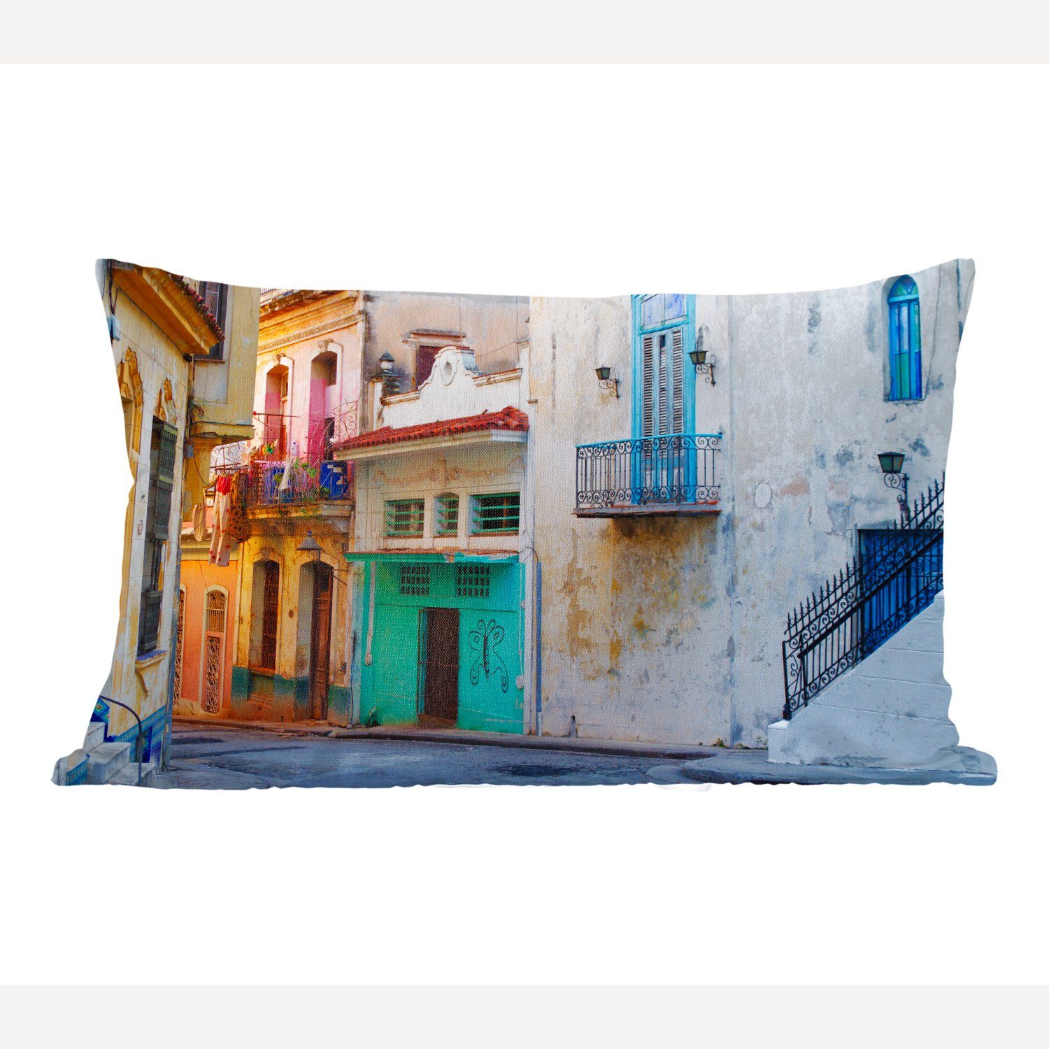 MuchoWow Dekokissen Bunte Straße in der kubanischen Hauptstadt Havanna, Wohzimmer Dekoration, Zierkissen, Dekokissen mit Füllung, Schlafzimmer