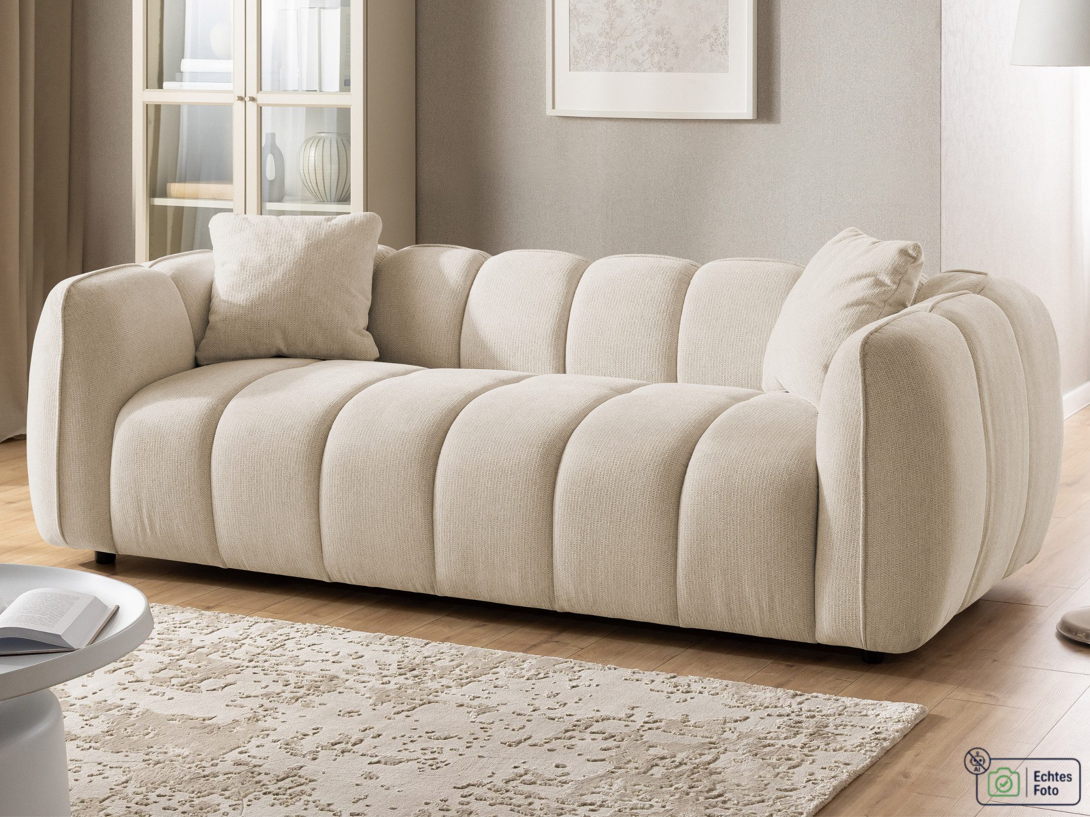 Sofa 3-Sitzer Nubira in tief gesteppter Bubble-Optik aus Strukturstoff