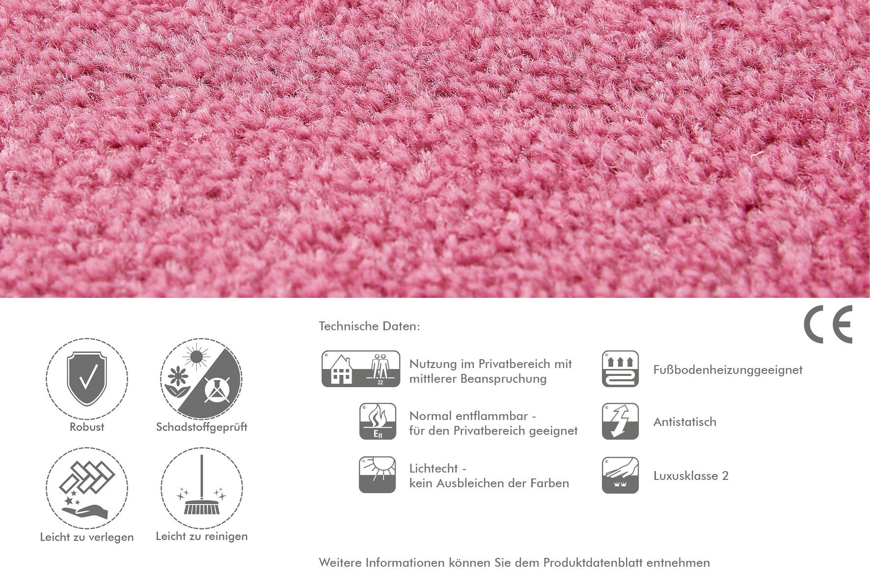 Höhe: 8.5 Teppichboden Velours Breit, Andiamo, geeignet, Teppichboden, Fußbodenheizung Bodenbelag pink cm mm, 400