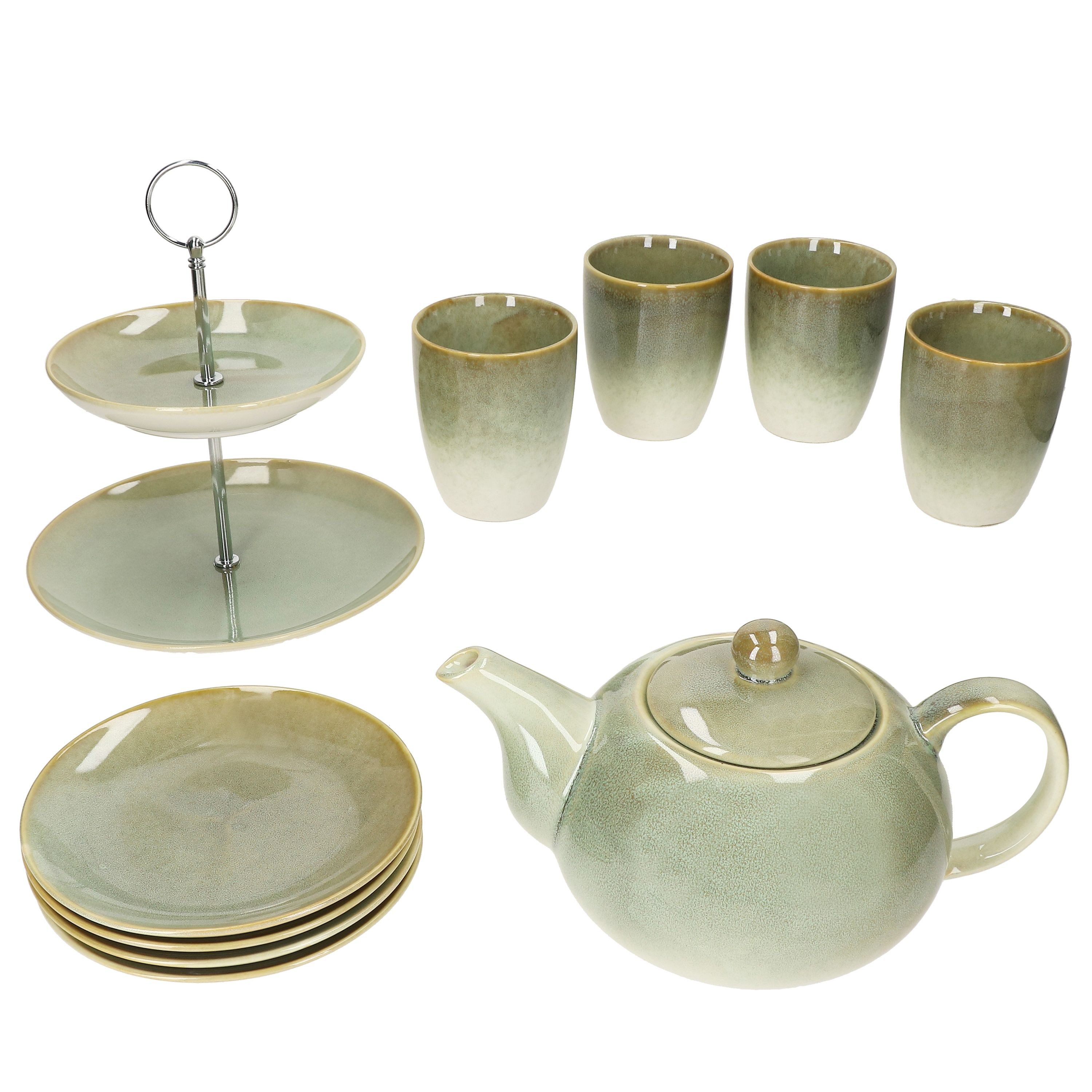 MamboCat Teekanne 10tlg Teeset Scones Grün Etagere Kanne Becher Teller 4 Pers Teeservice