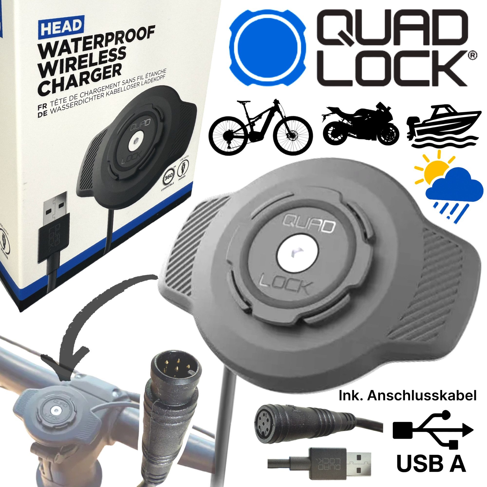 Quad Lock Handyhülle QUAD LOCK Wetterfest Wireless Lade Station Motorrad Fahrrad Handy USB