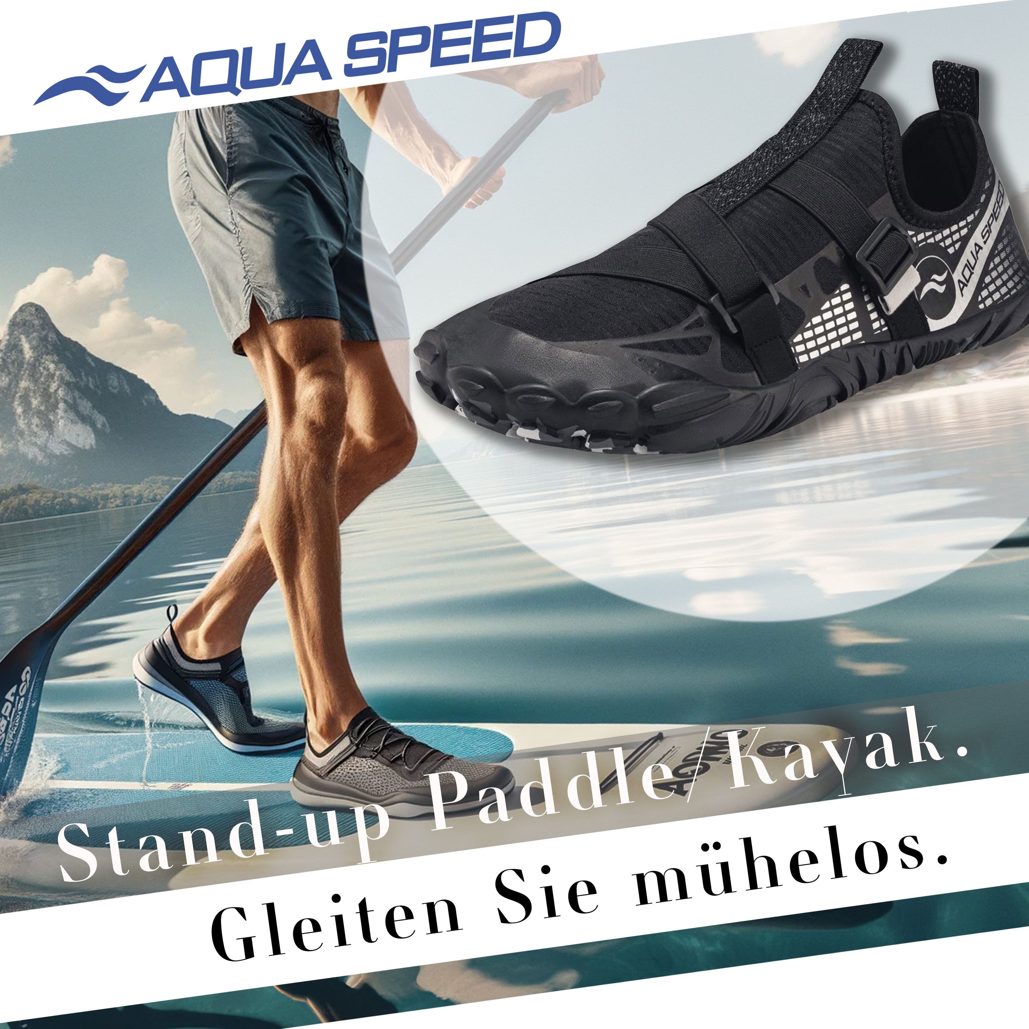 Aqua Speed Schwimmschuhe LACERTO Gr. 43 – Schwarz/Silber + Handtuch Wasserschuh (Leichte Aquaschuhe – vielseitig tragbar & platzsparend) Sicherer Halt am Beckenrand, auf Steinen oder Fliesen
