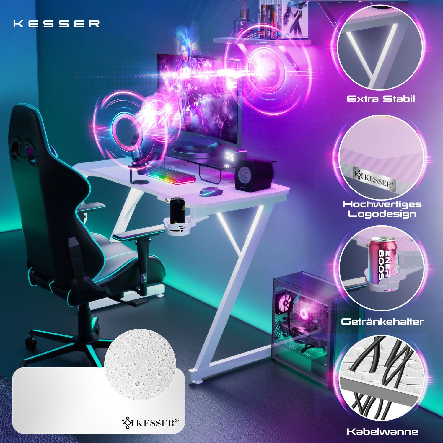 KESSER Gamingtisch, Gaming Schreibtisch mit Getränkehalter Ergonomischer Ga günstig online kaufen