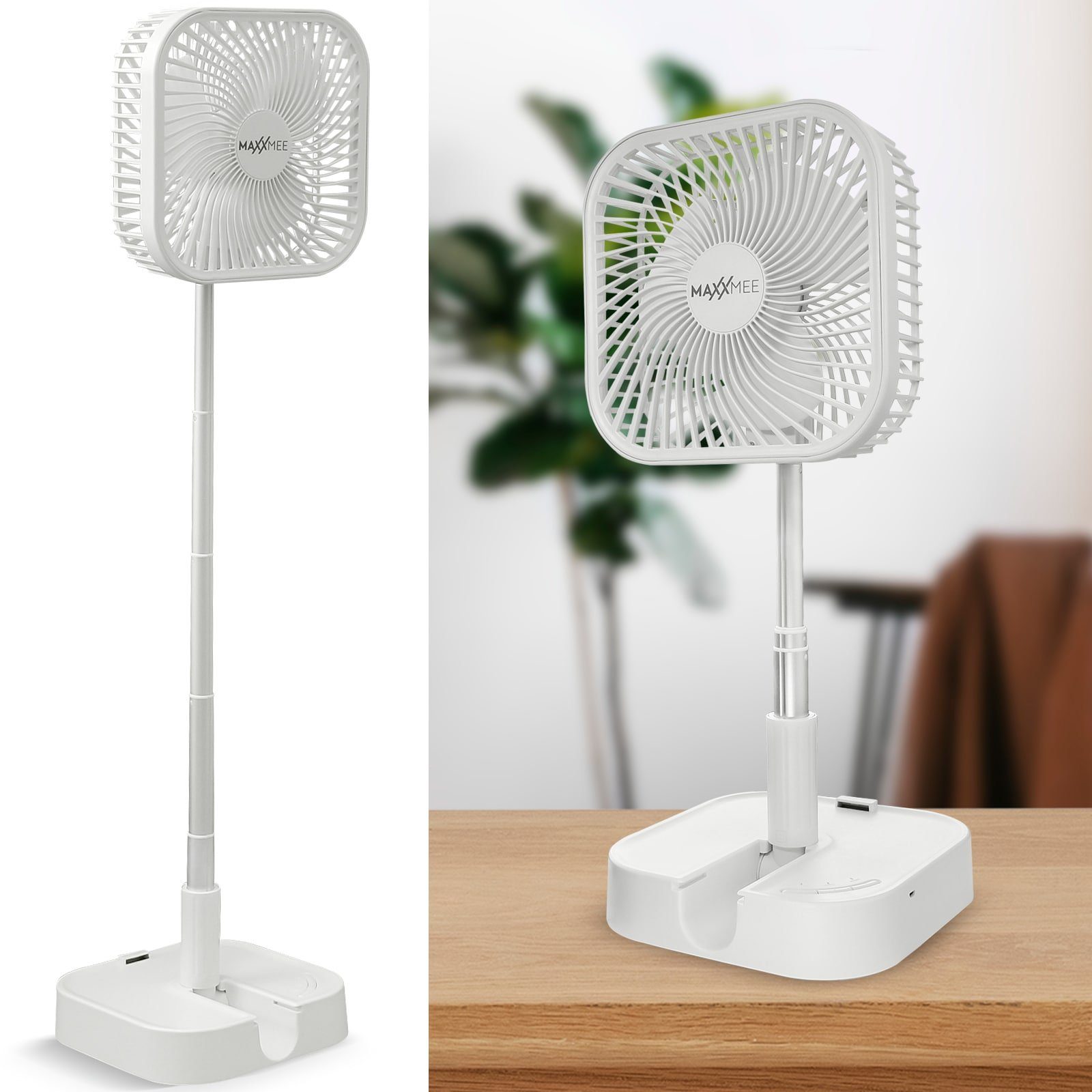 MAXXMEE Akku-Standventilator Tragbarer Ventilator mit Akku - Ausziehbar USB, Tischventilator & Standventilator, 35 - 80 cm höhenverstellbar