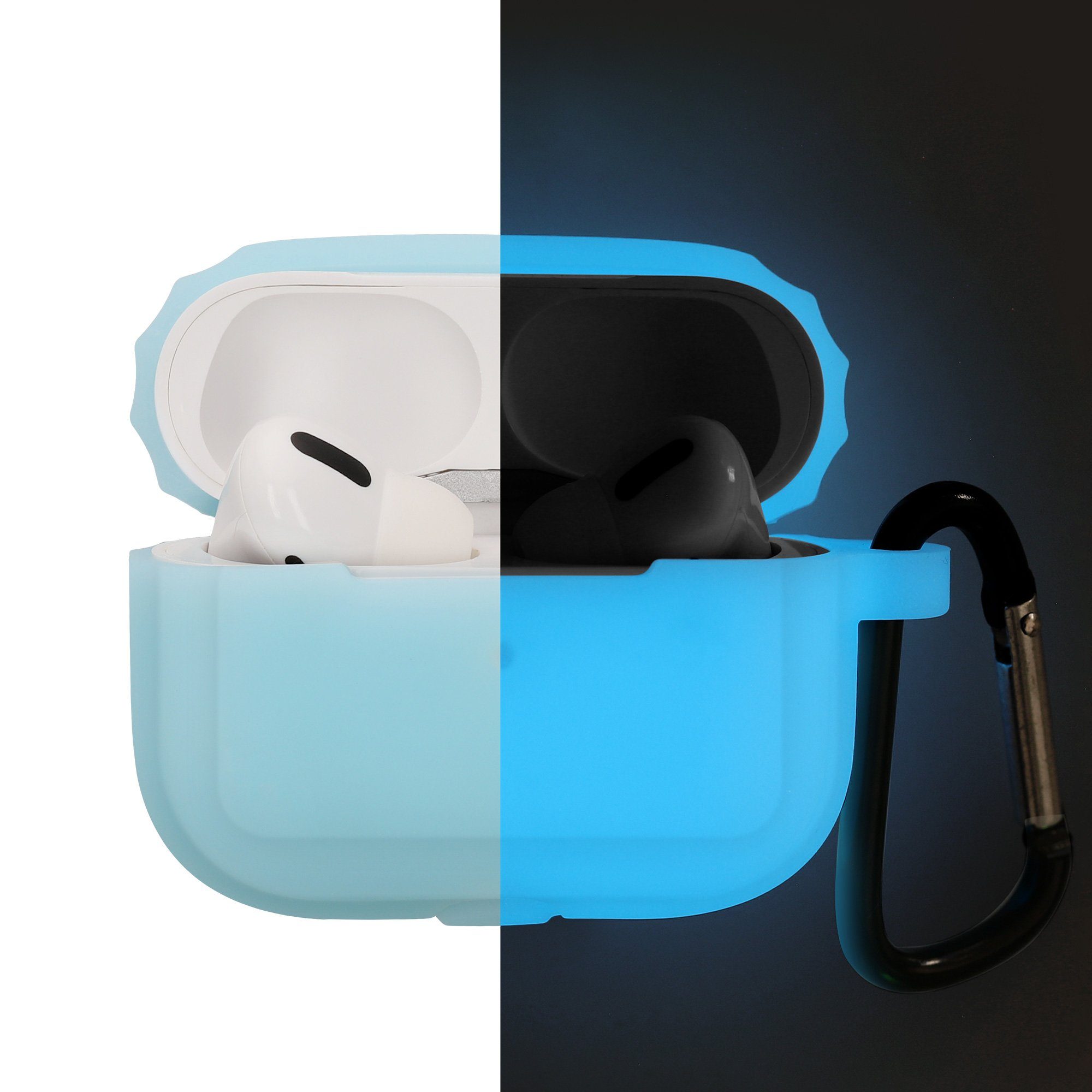 kwmobile Kopfhörer-Schutzhülle Hülle für Apple Airpods Pro Kopfhörer,  Silikon Schutzhülle Case Cover - leuchtet im Dunkeln - Hellblau