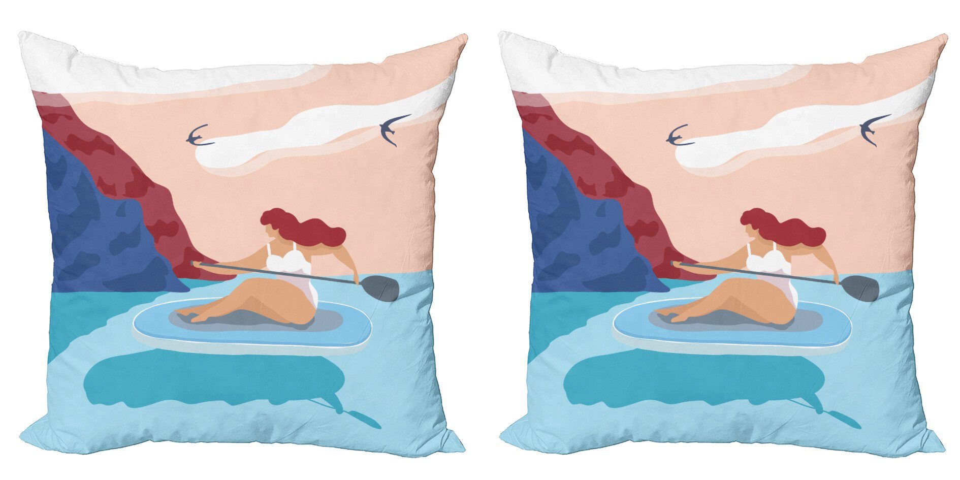 Kissenbezüge Modern Accent Doppelseitiger Digitaldruck, Abakuhaus (2 Stück), Sommer Mädchen auf Surfbrett Seascape