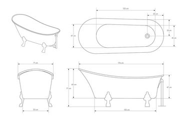 Bernstein Badewanne PARIS, (nostalgisches Design / Acrylwanne / Sanitäracryl / mit Metallfüße), freistehende Wanne / Schwarz / 176 cm x 71 cm / Acryl / Oval