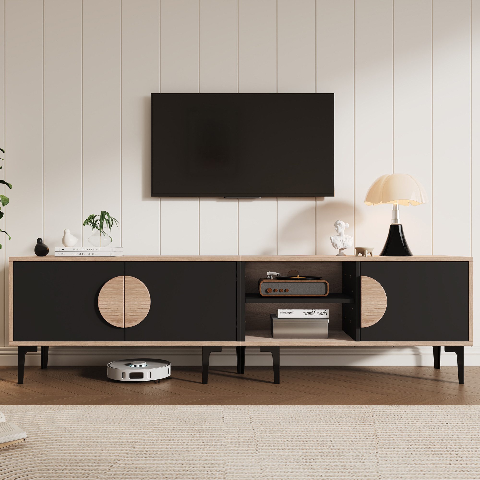 KLAM HOME Lowboard 180cm Lowboard TV Schrank Für Bis Zu 80 Zoll Fernseher Mit 3 Türen (Modernes Wohnzimmer TV Board In Dunkler Nussbaum Optik Und Schwarz), Stabiles Fernseh Möbel Mit 7 Füßen Und 45 Kg Tragkraft