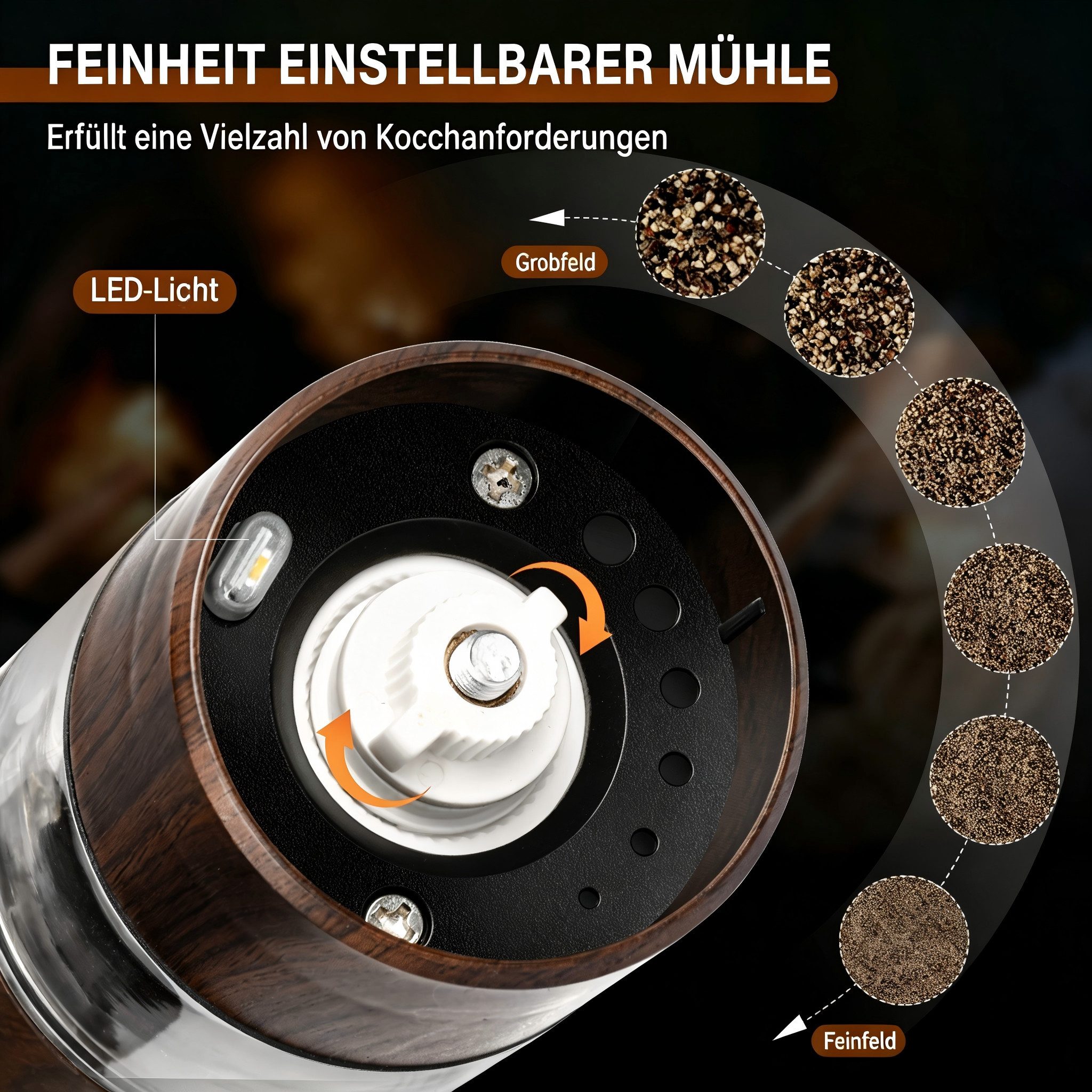 AIBISTAR Pfeffermühle Salz-/Pfeffermühle Elektrische Holz Salzmühle,2er Set mit USB elektrisch, (6 Stück), Mahlgrad einstellbar,Keramik Mahlwerk,Wiederaufladbar,Holzoptik Design