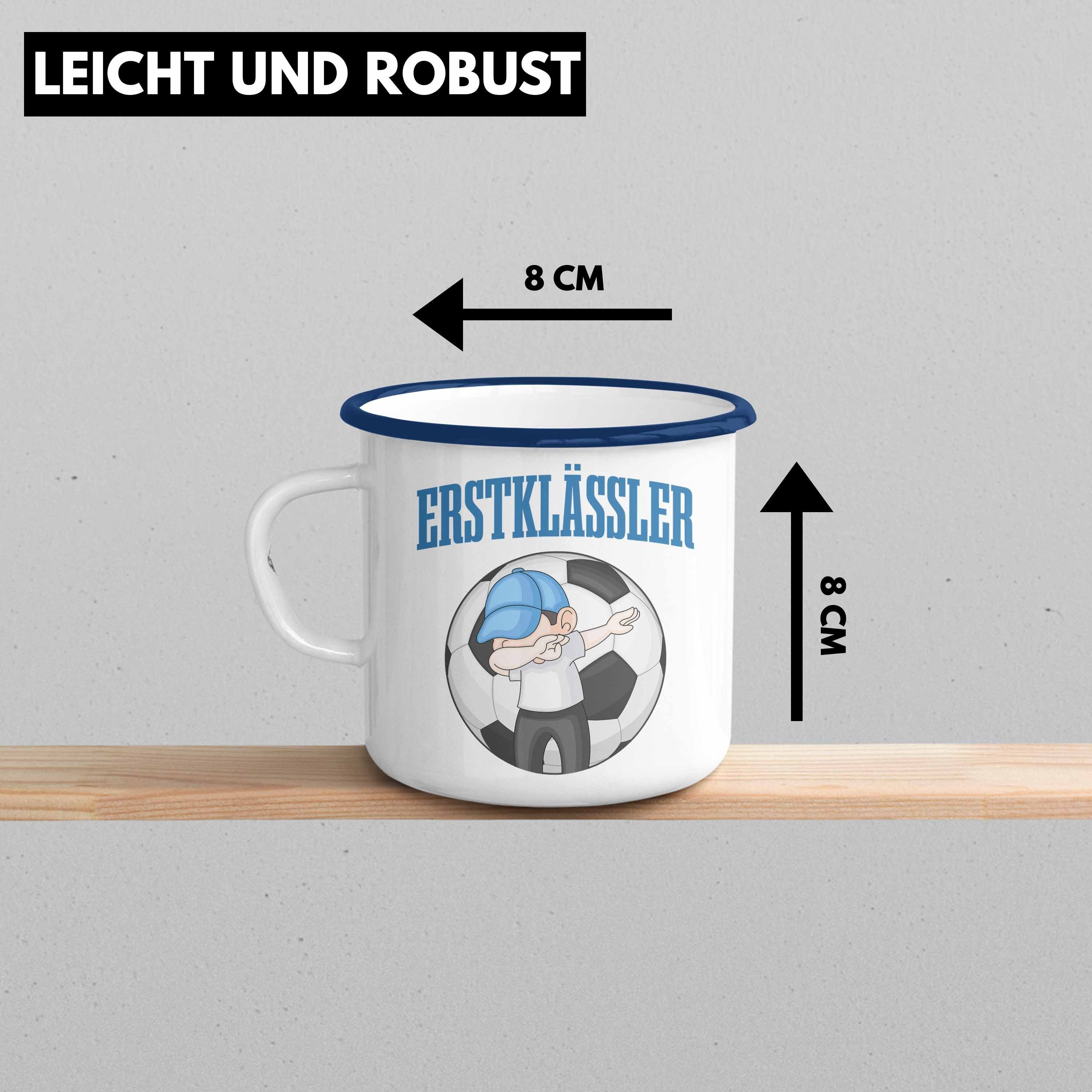 Trendation Thermotasse Trendation - Schultag Fussball Schulstart Emaille für Blau Einschulung Jungs Geschenkidee 1. Junge Schultüte Schuleinführung Tasse Geschenk Füllung Schulkind Schulanfang