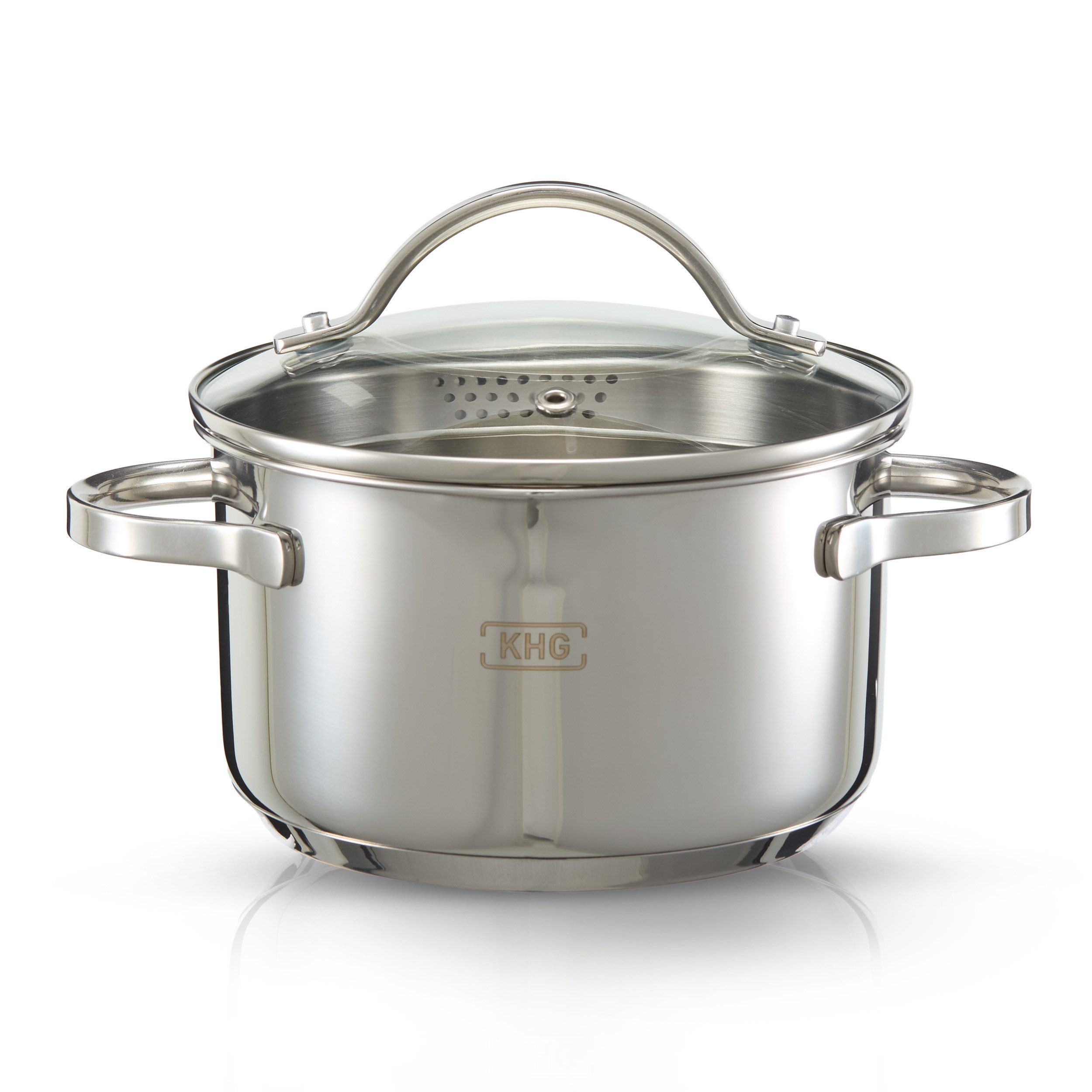 KHG Kochtopf Fleischtopf Ø 16 cm, integriertes Sieb, Ausguss, Innenskala, Edelstahl, 1,25 Liter Volumen, Glasdeckel, für alle Herdarten inklusive Induktion