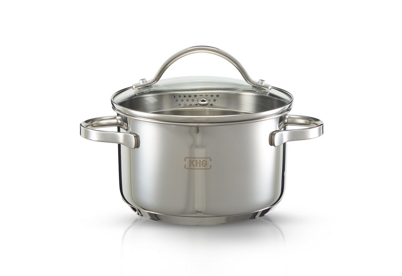 KHG Kochtopf Fleischtopf Ø 16 cm, integriertes Sieb, Ausguss, Innenskala, Edelstahl, 1,25 Liter Volumen, Glasdeckel, für alle Herdarten inklusive Induktion