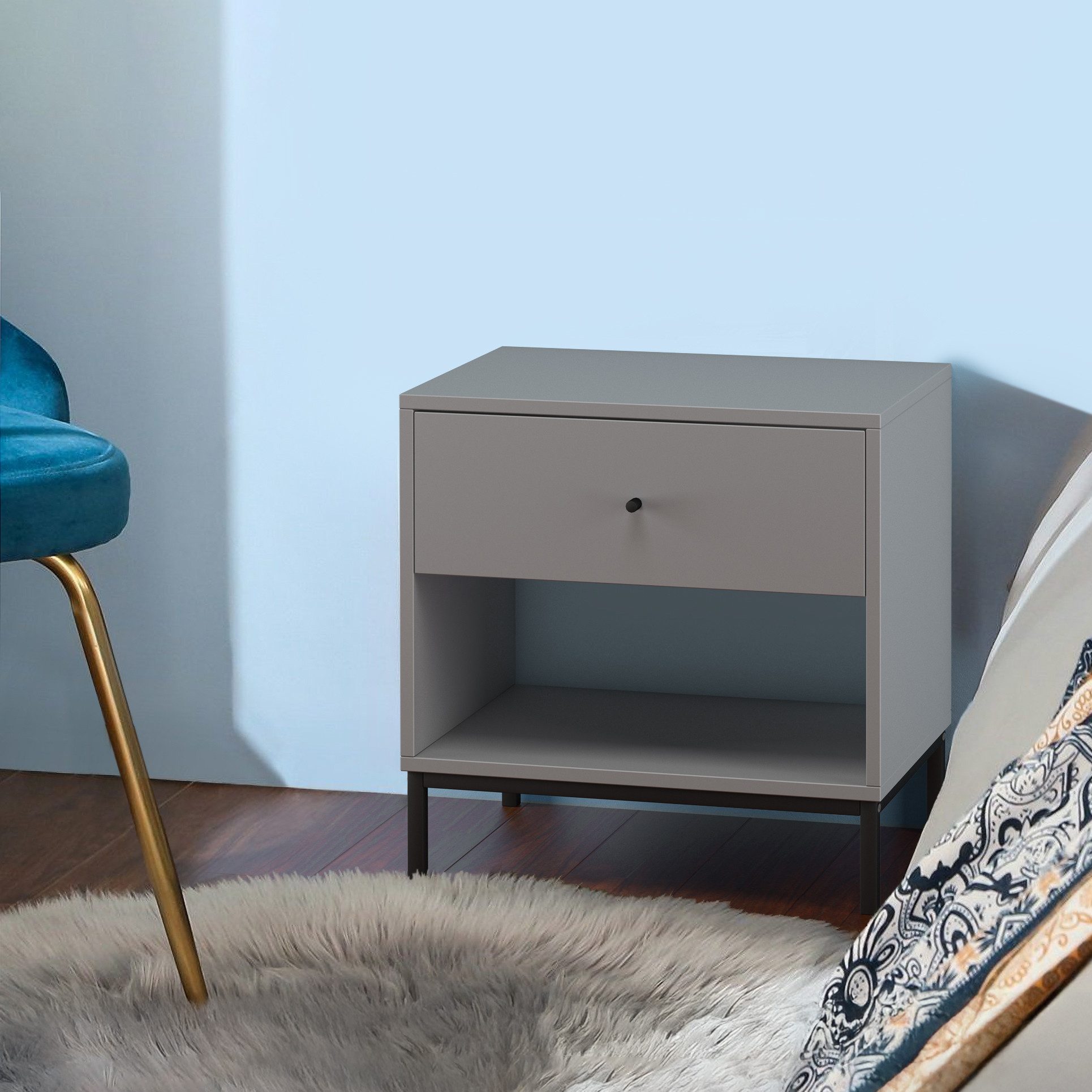 loft24 Nachtschrank Cecilie Nachttisch mit Schublade, Nachtkommode, modern, Metallgestell