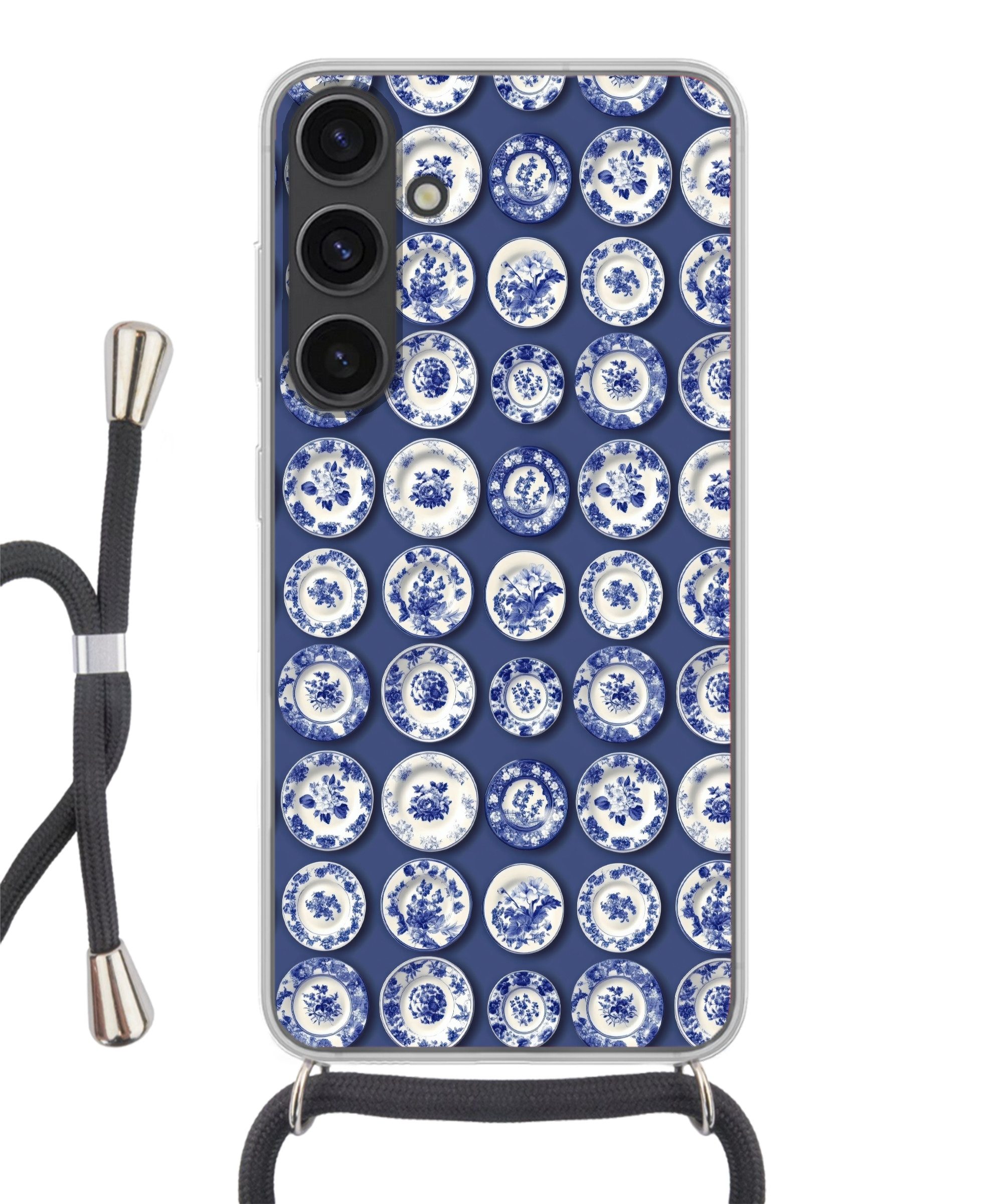 MuchoWow Handyhülle für Samsung Galaxy S24 Plus Teller - Floral - Blau, Tragbare Handyhüllen mit Kette zum umhängen, Handykette Handyband