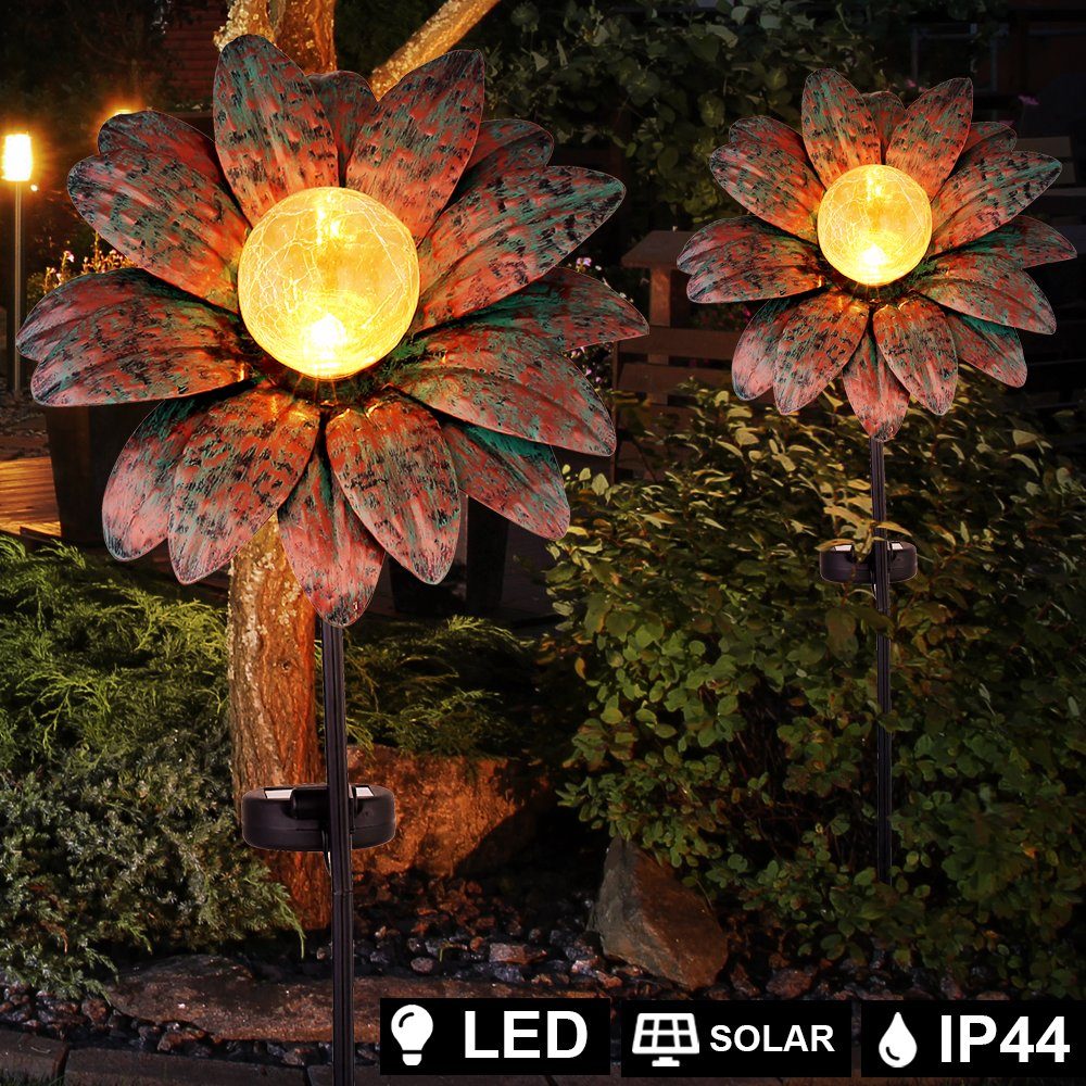 2x LED Solar Außen Steh Lampen Garten Deko Kugel Stand Leuchten SCHWARZ-GOLD