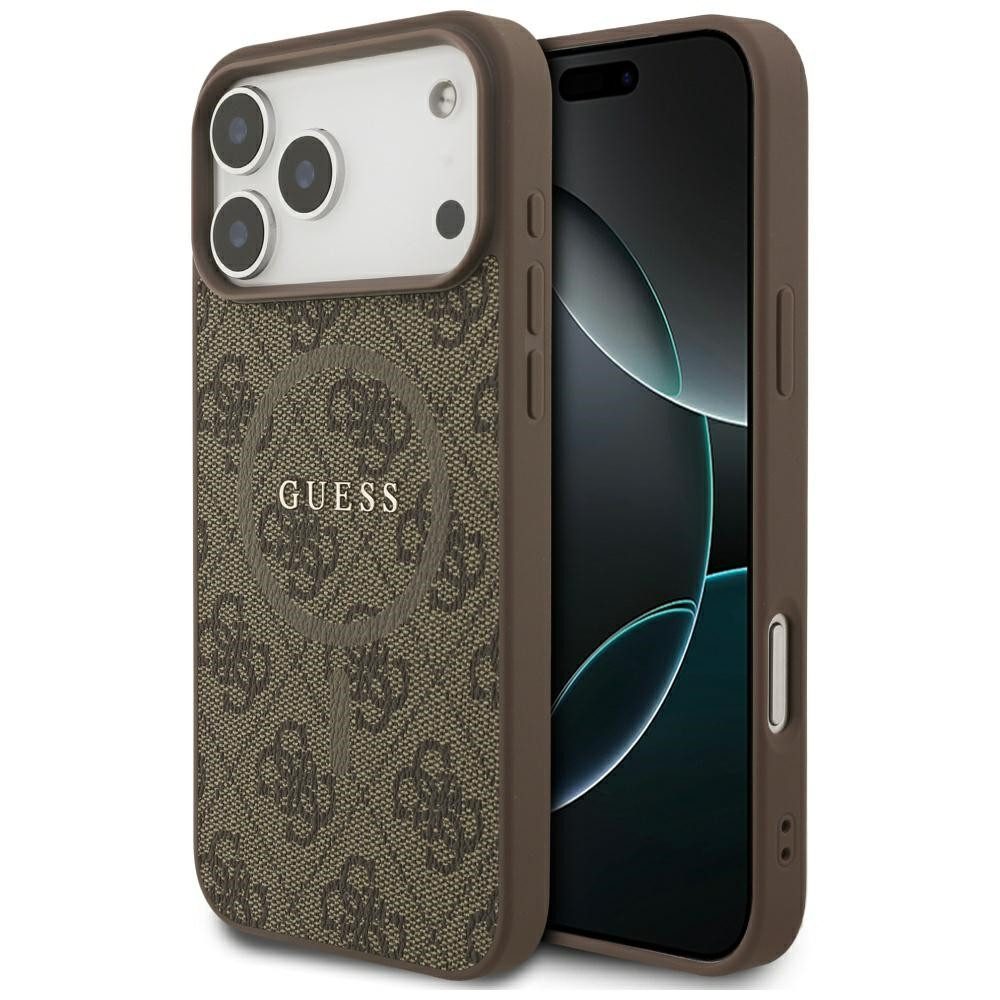 Guess Handyhülle MagSafe iPhone 17 Pro Max Kunstleder braun Logo Metall goldfarben 6,9 Zoll, Kantenschutz