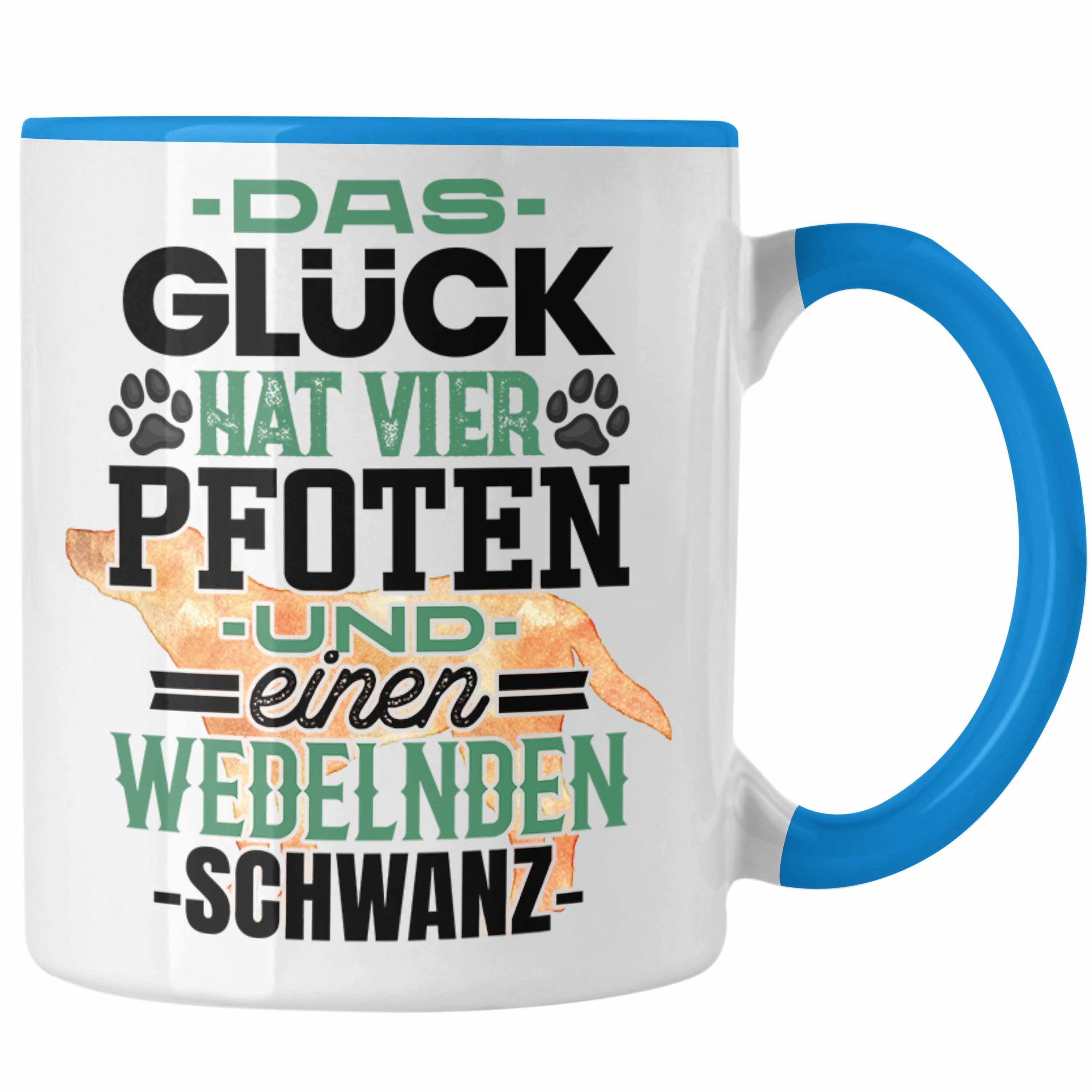 Trendation Tasse Hundebesitzer Tasse Geschenk Kaffee-Becher Glück Hat 4 Pfoten und Wede Blau | Teetassen