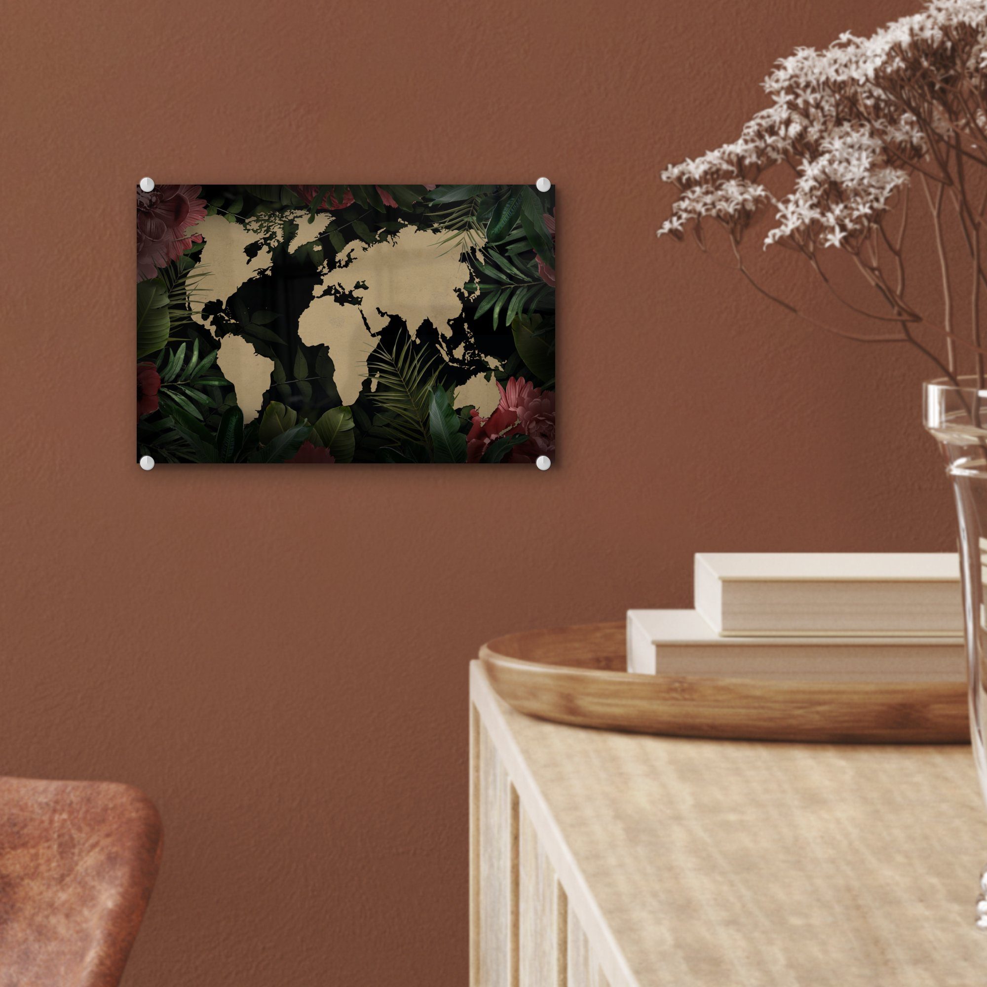 - MuchoWow St), Tropische Glas auf Wanddekoration - - Acrylglasbild Pflanzen, Wandbild Blumen - Bilder auf (1 - Weltkarte Glas Foto Glasbilder