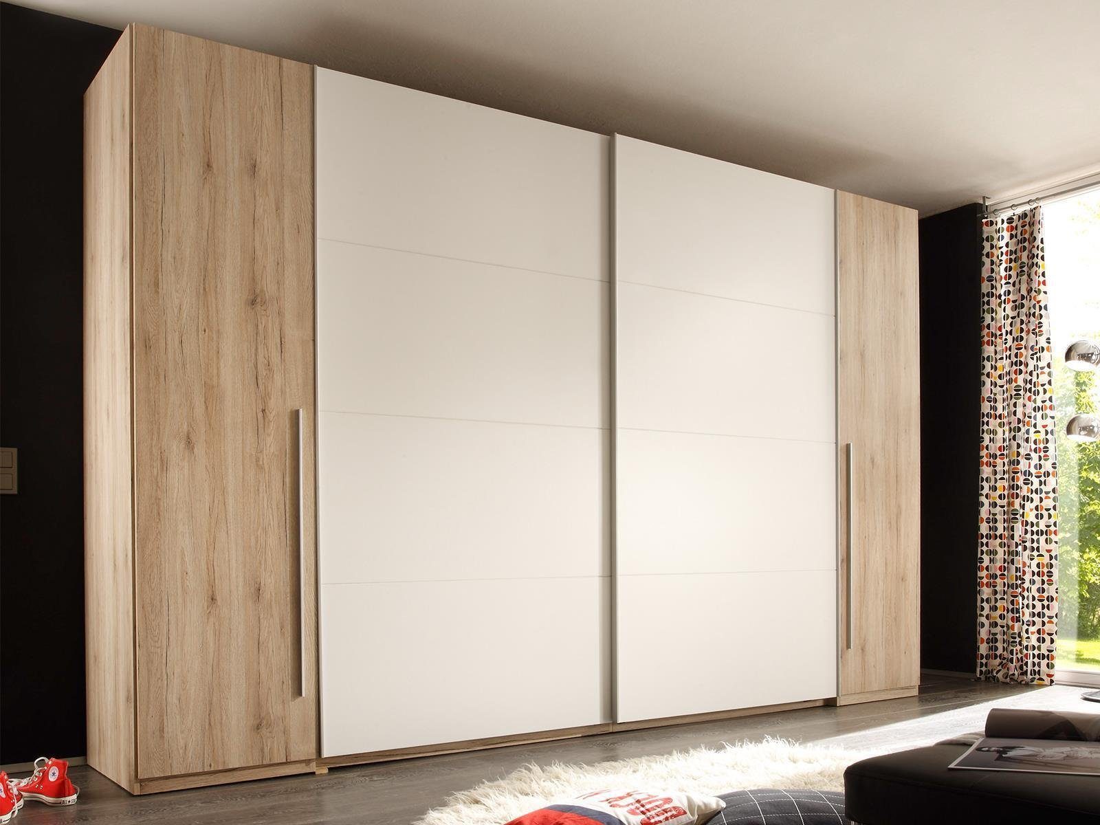 Kleiderschrank San Höhe aus 225 cm, Kleiderstangen. Tiefe mit und 2 2 Konstruktionsböden Moderner cm Schwebetüren, cm, Remo Weiß Ketty 6 61 Kleiderschrank Drehtüren, / Einlegeböden, Eiche Breite Spanplatte Nachbildung möbelando 4 in 315 2