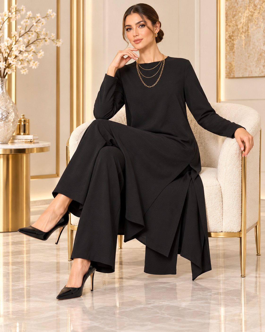 fashionshowcase Longtunika Damen Zweiteiler Set - Tunika & Palazzo-Hose Modest Fashion (SET, Zweiteiler) leichte und luftige Beschaffenheit – Bild 5 von 5