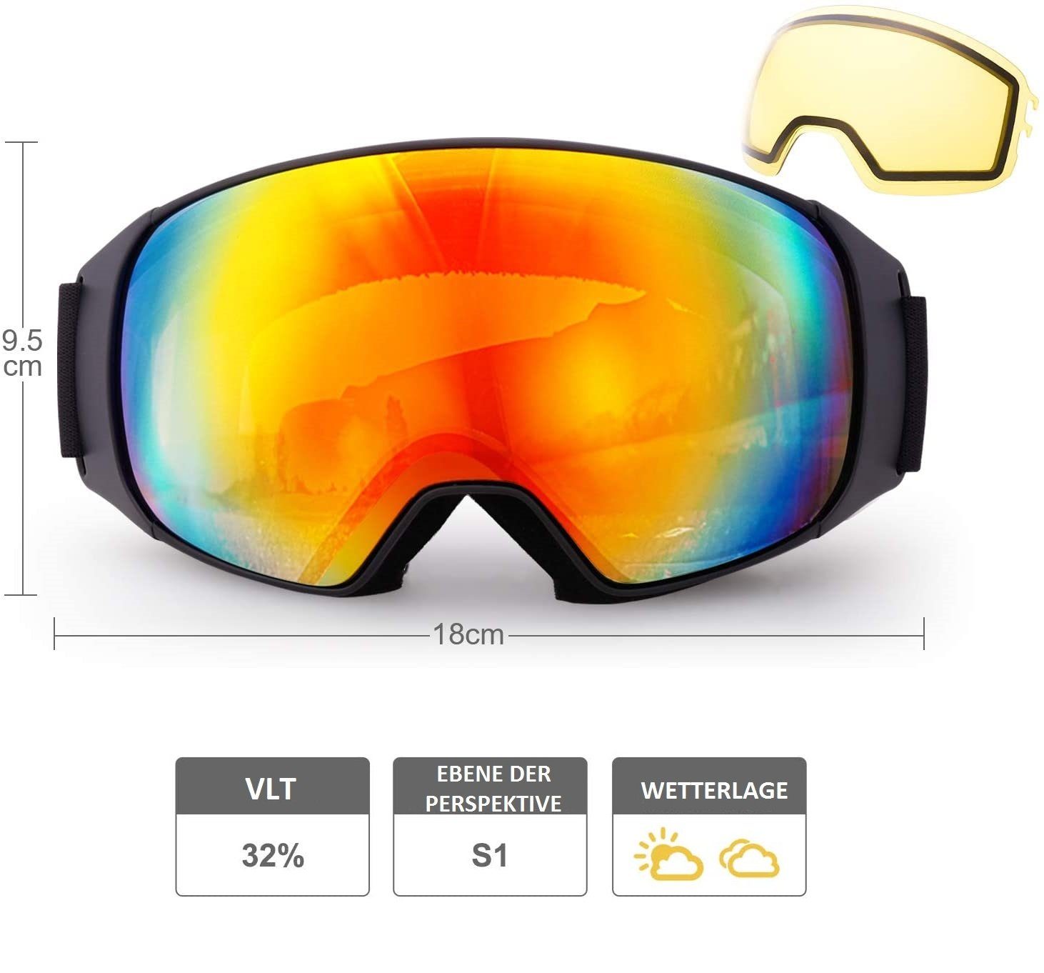 Skibrille Snowboard AntiFog Verspiegelt DamenHerren Snowboardbrille Schneebrille 