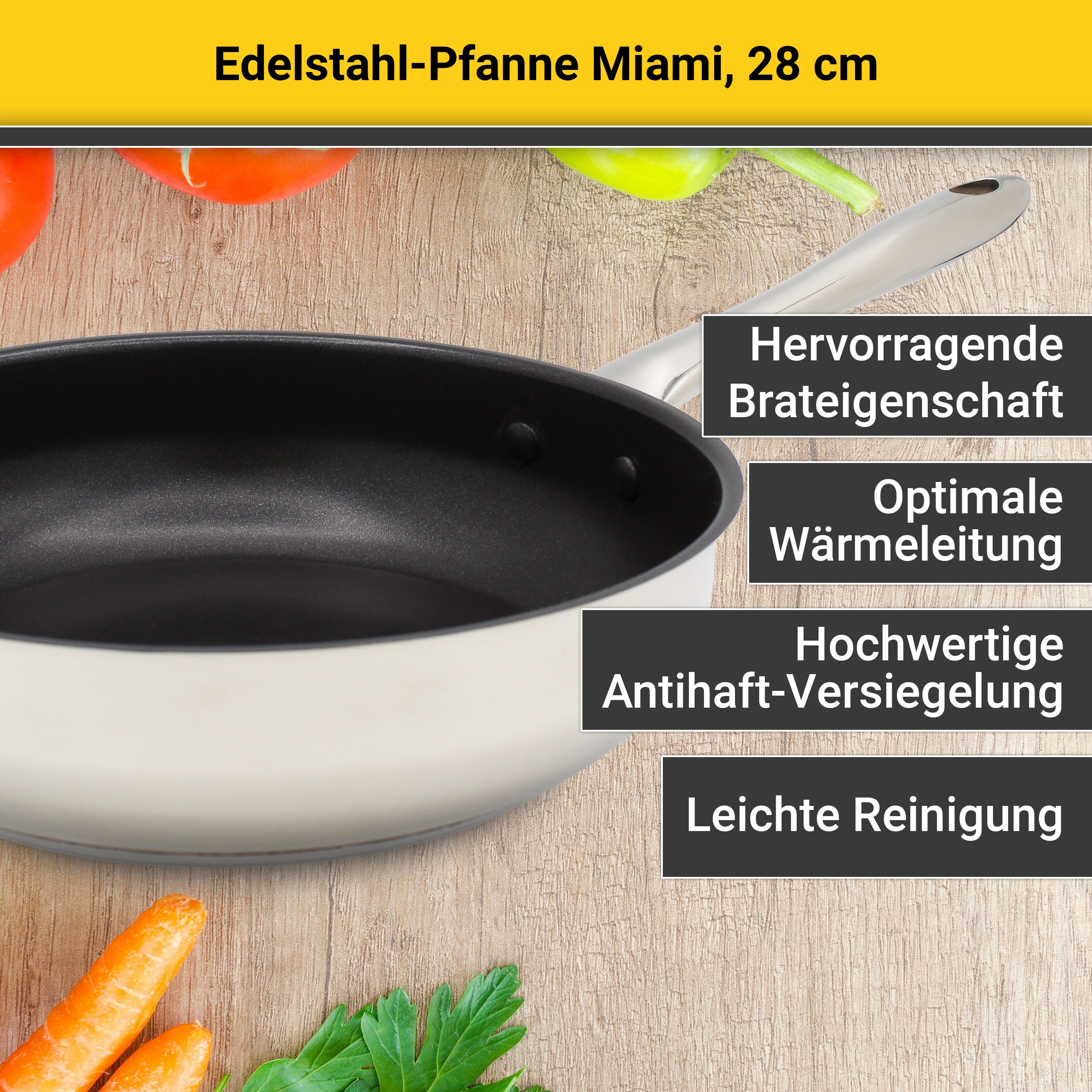Krüger Bratpfanne Edelstahl Pfanne Miami, Ø 28 cm, Edelstahl (1-tlg), mit Antihaft-Versiegelung, backofenfest bis 180°C