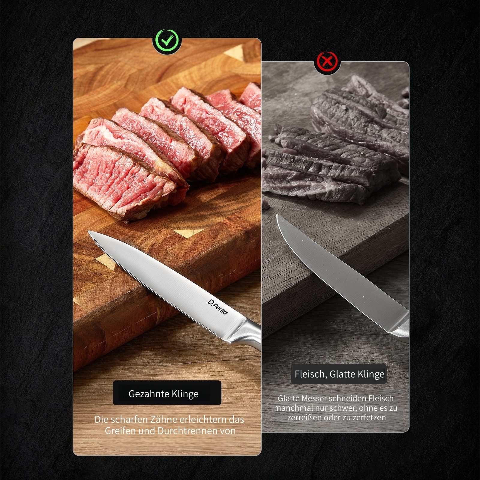 D.Perlla Steakmesser Steakmesser-Set aus Edelstahl, 12-teilig, mit Mikro-Wellenschliff (9 Stück), gebogener, ergonomischer Griff, einteilige Konstruktion aus Edelstahl