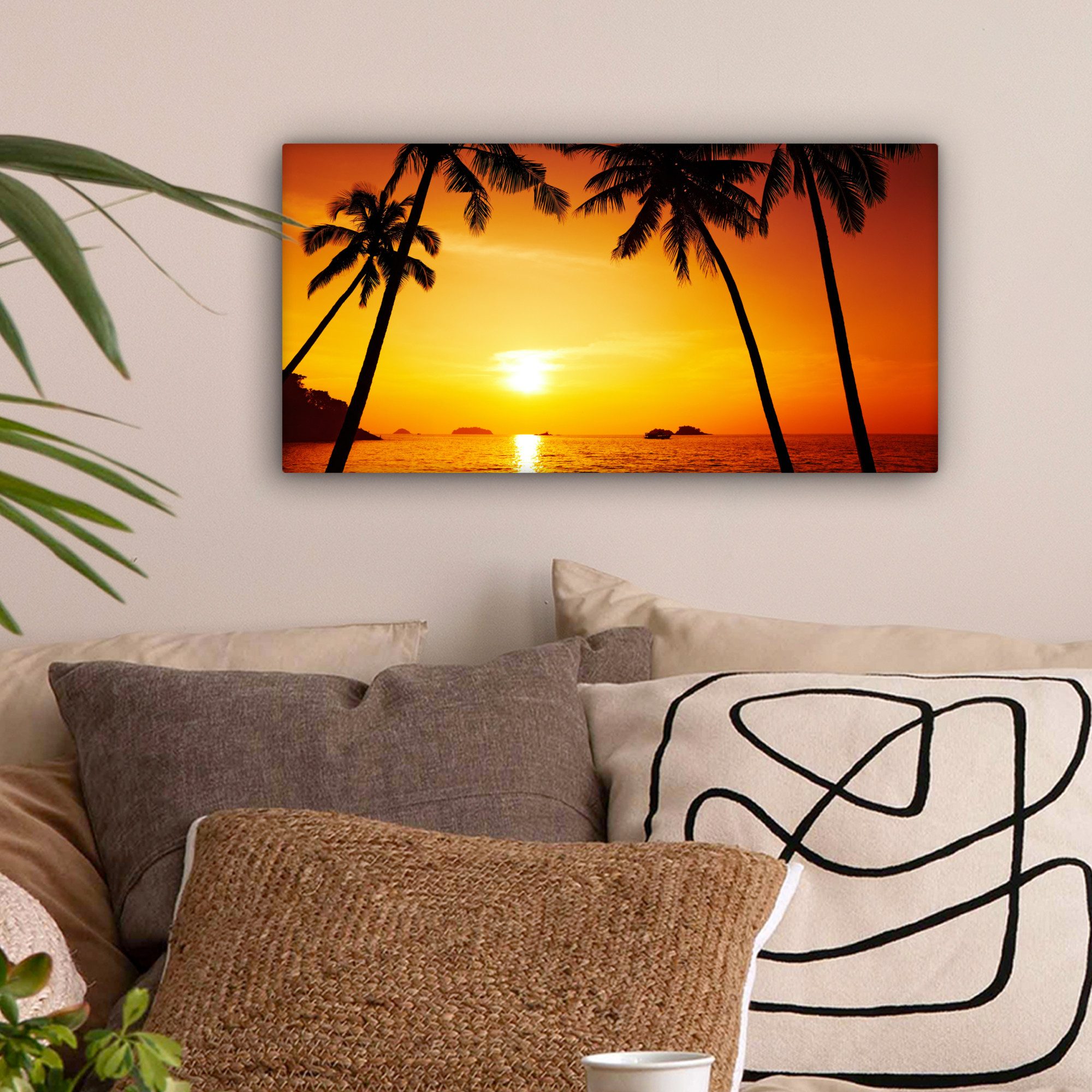 OneMillionCanvasses® Leinwandbild Panorama Palme - Sonnenuntergang günstig online kaufen