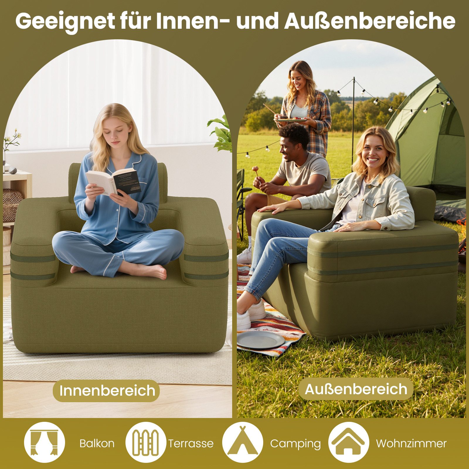 COSTWAY Luftsofa, Aufblasbarer Sofa tragbar mit integrierter Luftpumpe