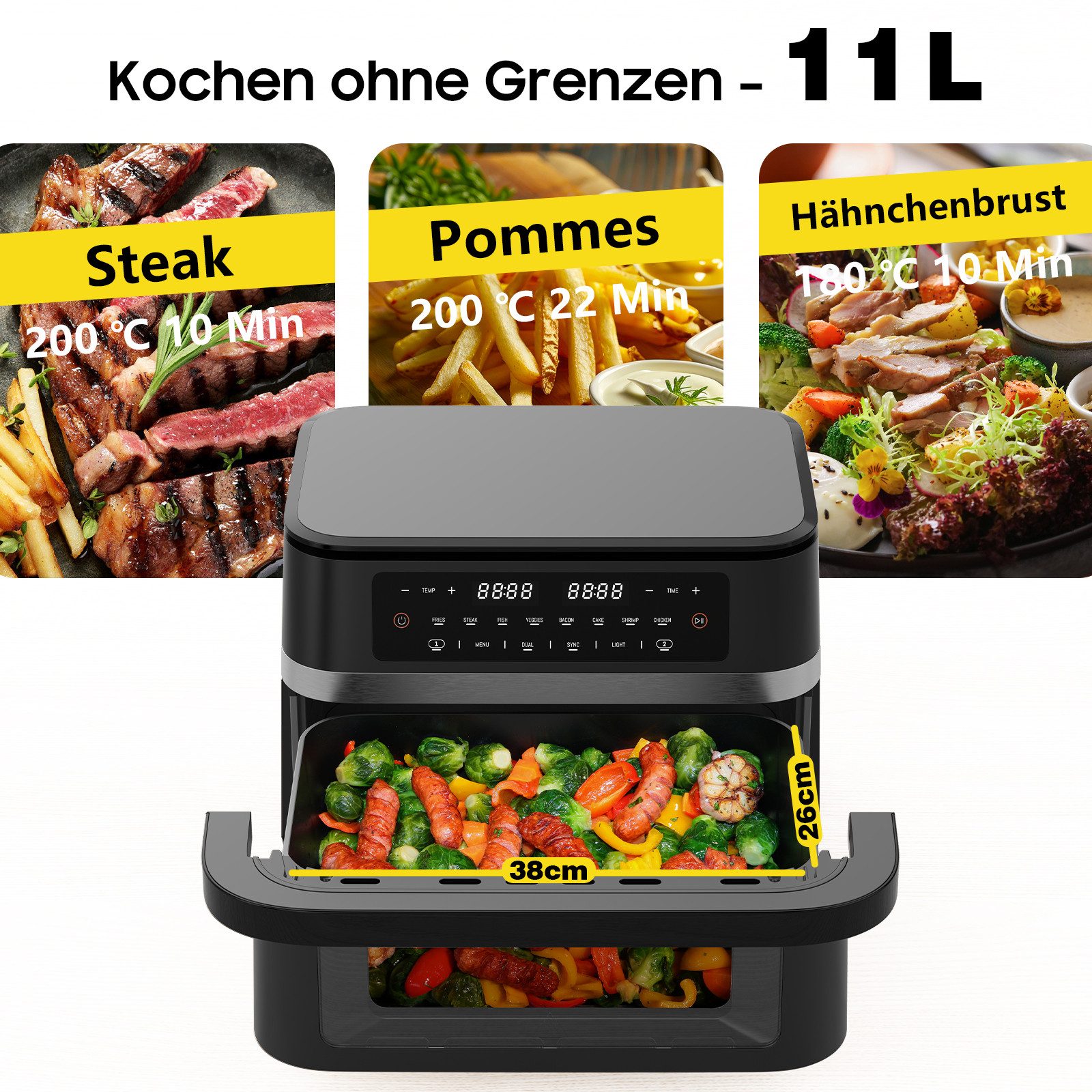 AIMAX Heißluftfritteuse XXL 2 karmmern, Airfryer mit Sichtfenster & Beleuchtung, Doppelkammer + abnehmbare Trennwand, Sync-Funktion, LED-Touch, 8 Programme, spülmaschinenfestes Körbchen, 2950 W, Doppelkammer mit herausnehmbarer Trennwand, Gesund & Ölfrei