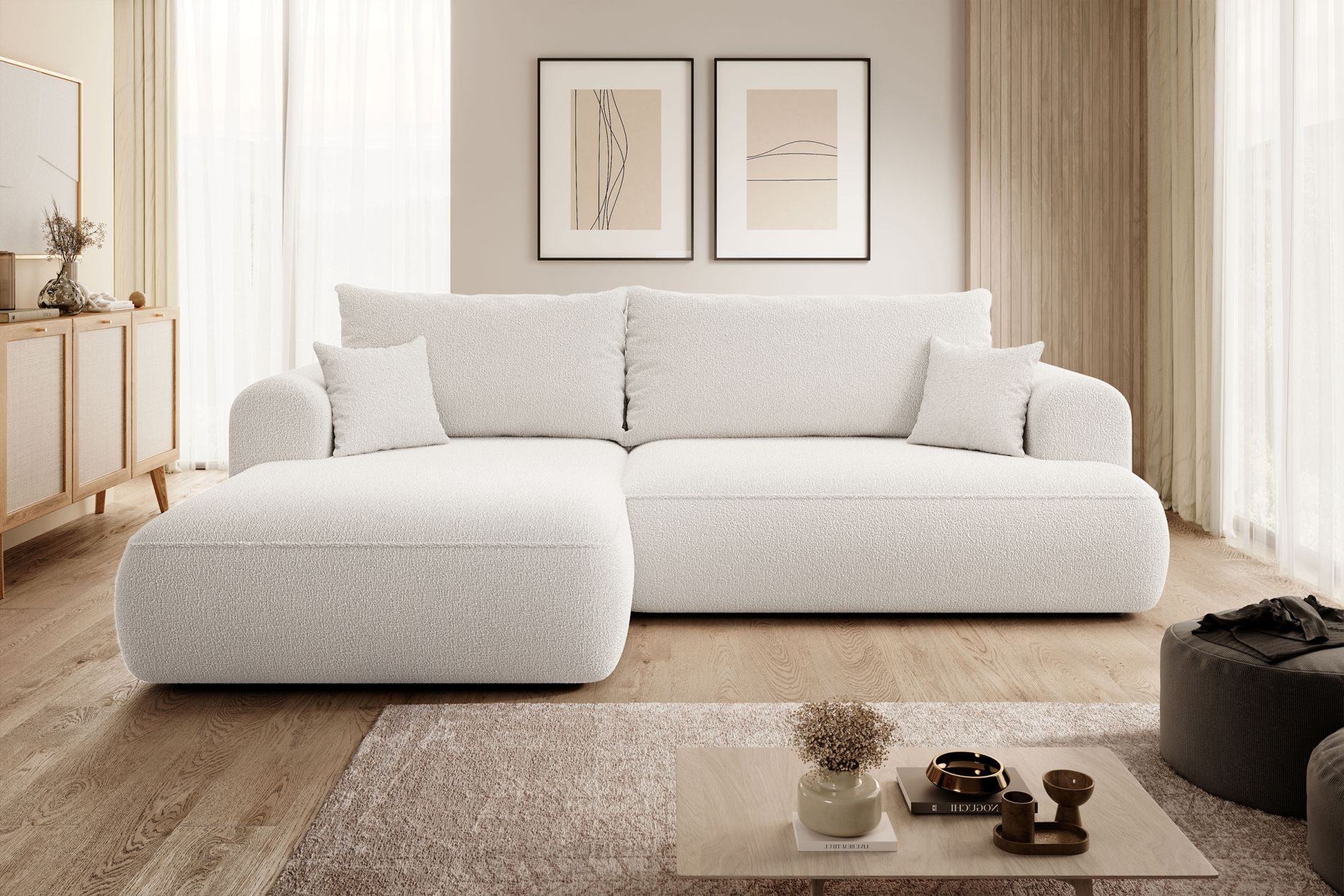 Selsey Ecksofa OVO, Schlaffunktion 142x210 cm, Bettkasten, Boucle-Bezug