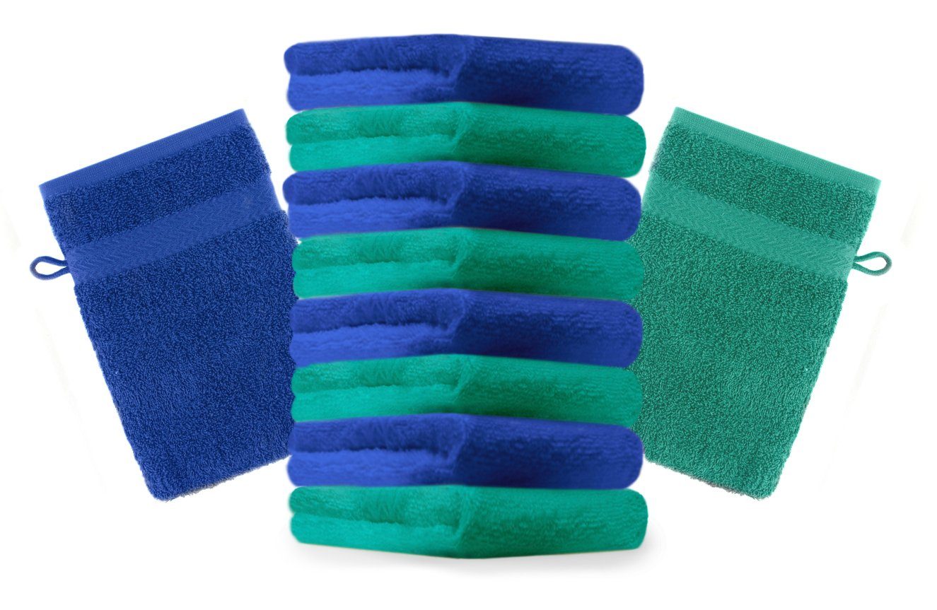 Betz Waschhandschuh 10 Stück Waschhandschuhe Premium 100% Baumwolle Waschlappen Set 16x21 cm Farbe smaragdgrün und Royalblau (10-tlg)
