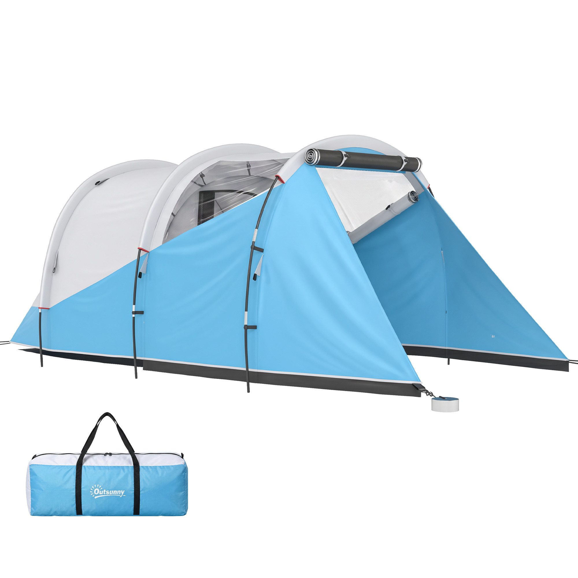 Outsunny Tunnelzelt Campingzelt, Familienzelt mit 2 Räume, Tragetasche, wasserabweisend, Personen: 3 (Campingzelt, 1 tlg., Familienzelt), für Garten, Campingplatz, Blau