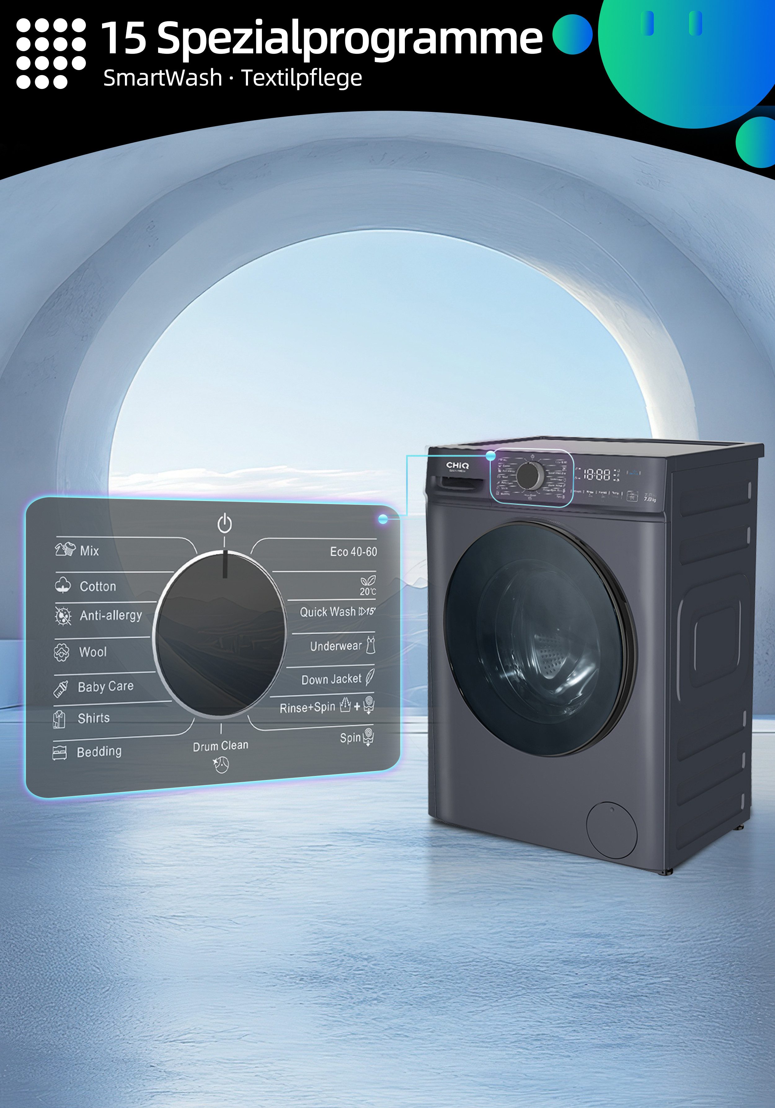 CHiQ Waschmaschine SPACE PRO CW07123863AX, 7 kg, 1200 U/min, Dampfsterilisation, 15-minütiger Schnellwaschgang – Bild 4 von 5