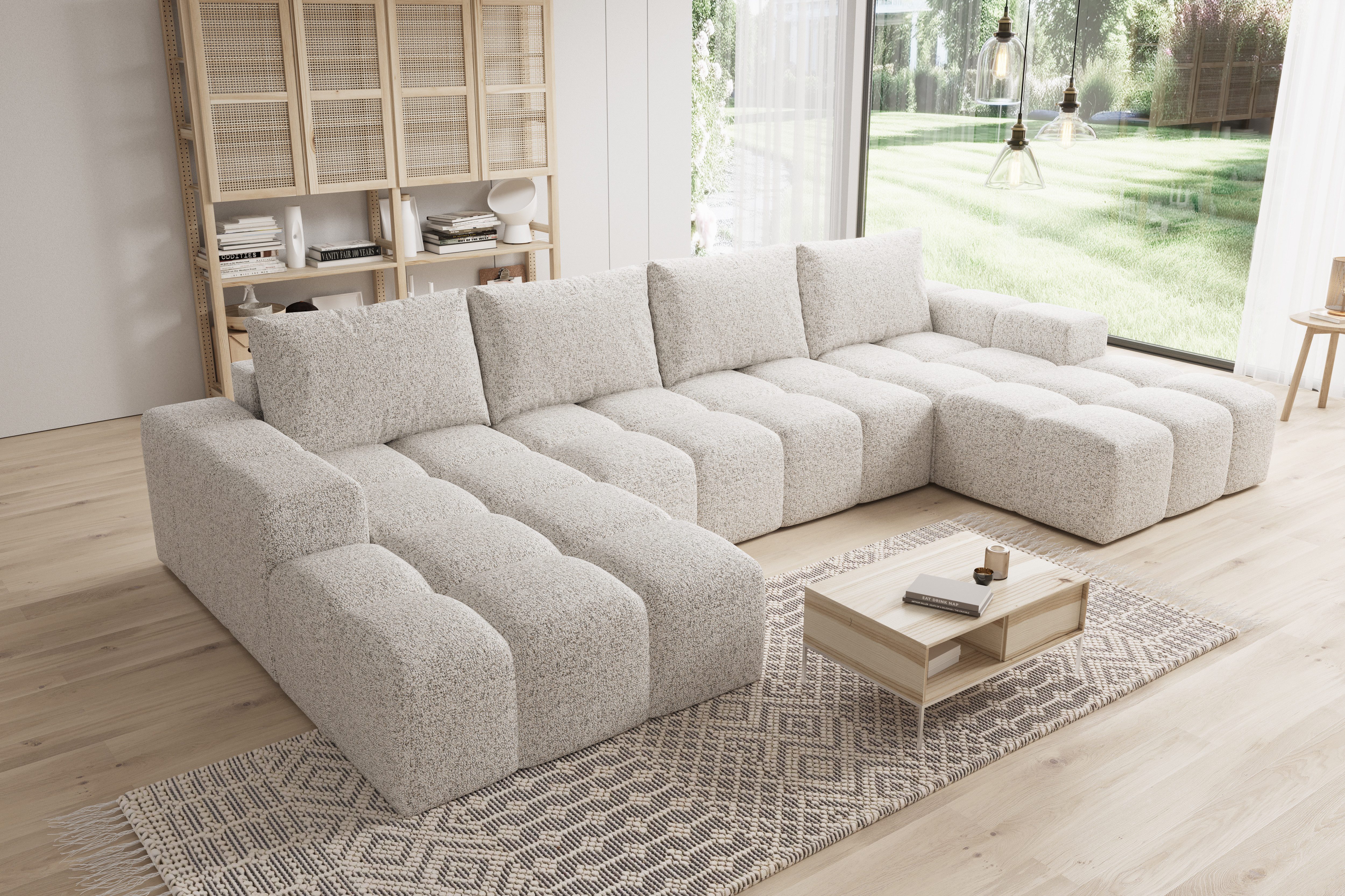 PROMETO Möbel Ecksofa Couch U-Form, Sofa U-Form Teddy-Bouclé, Web oder Cord-Stoff Cento