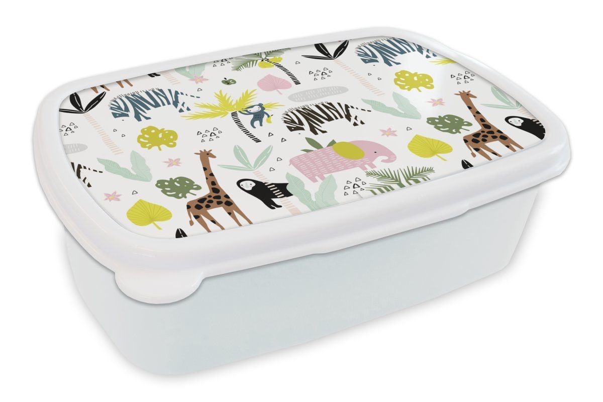 MuchoWow Lunchbox Tiere - Dschungel - Palme - Pastell, Kunststoff, (2-tlg), Brotbox für Kinder und Erwachsene, Brotdose, für Jungs und Mädchen weiß
