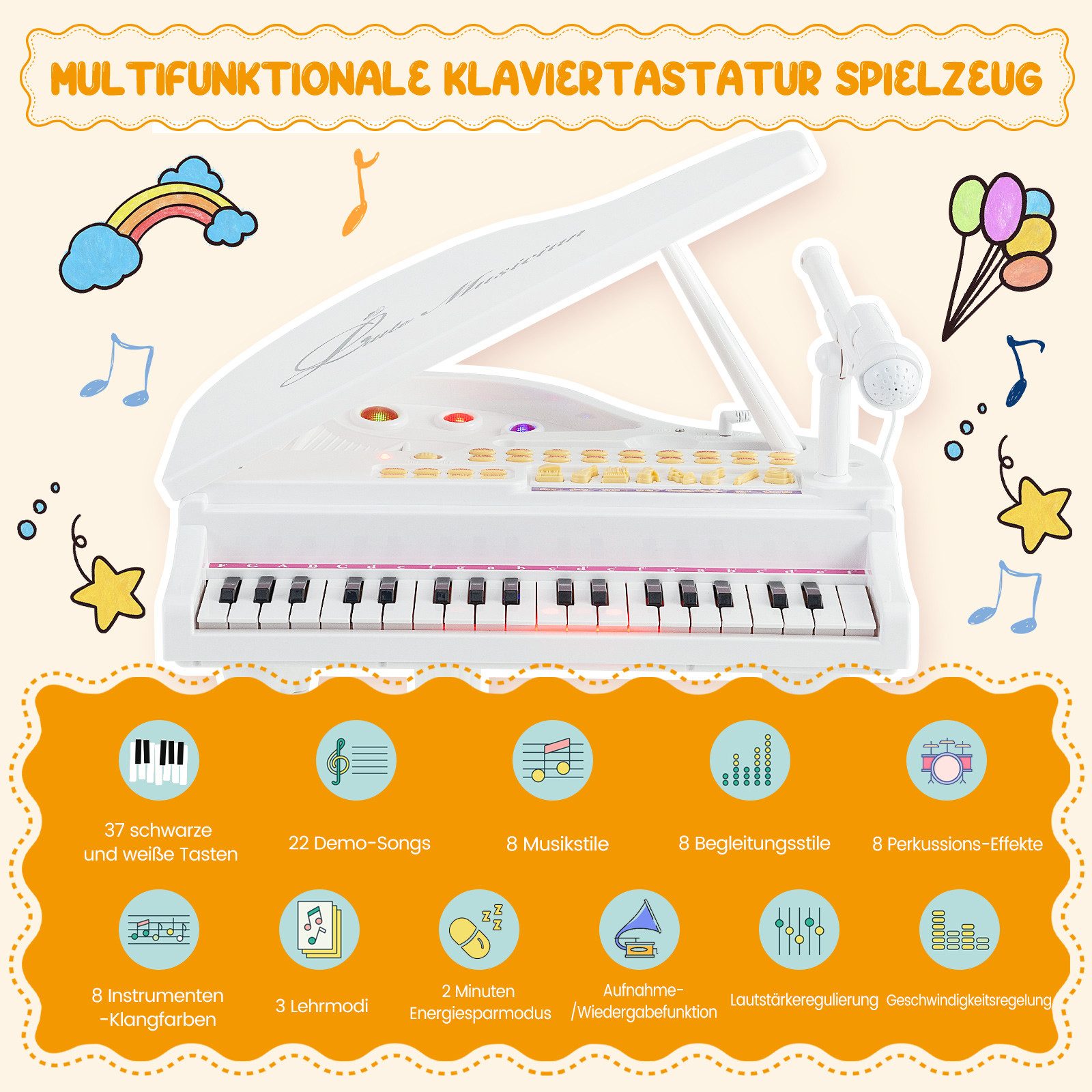 COSTWAY Spielzeug-Musikinstrument 37 Tasten Keyboard, mit Hocker & Mikrofon – Bild 5 von 5